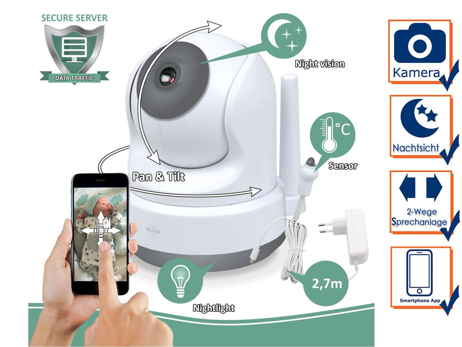Elro Video-Babyphone, Zusatz Baby Cam kostenlose mit BC3000 für Handy App Nachtlicht, Serie