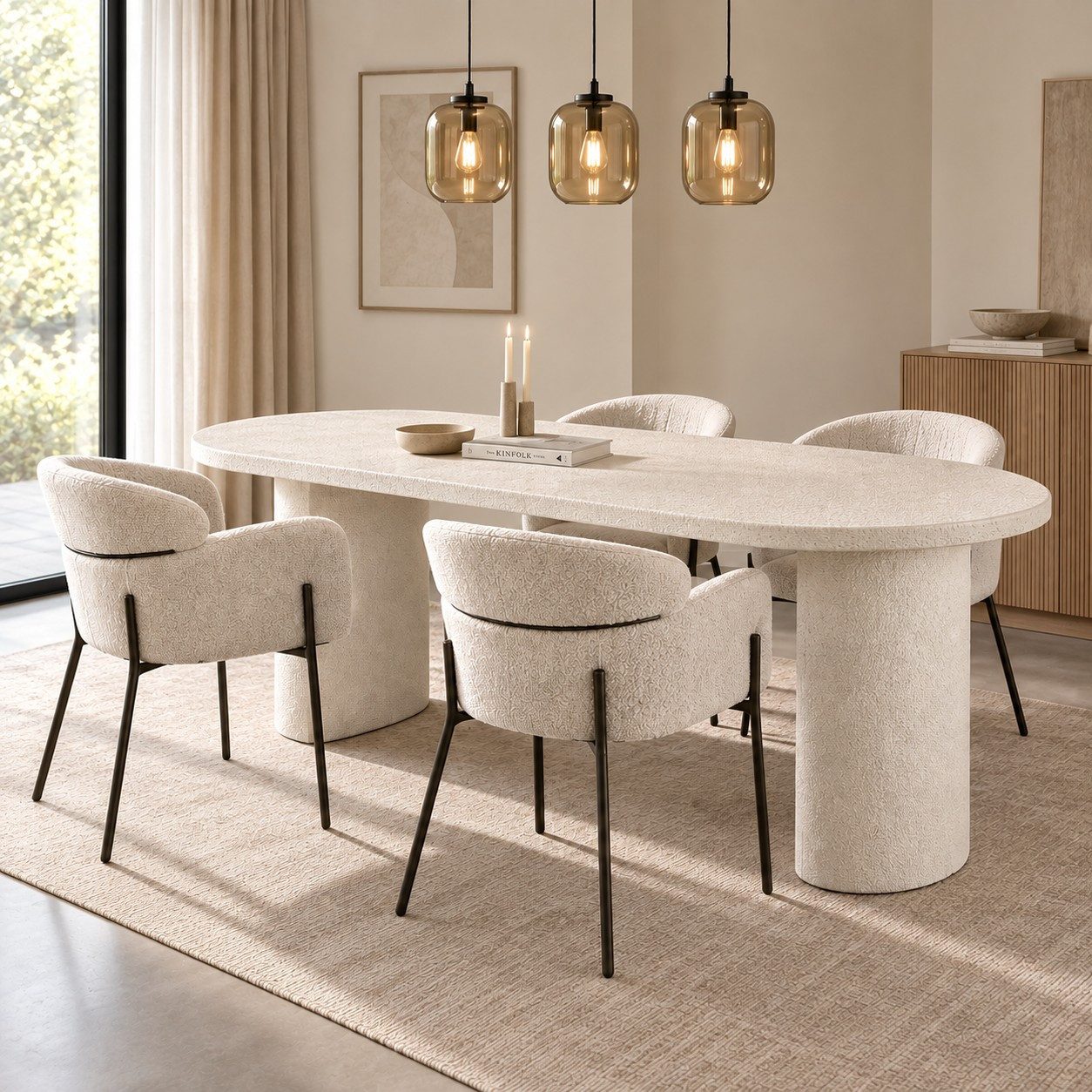 Maison ESTO Esstisch Esszimmertisch VALENTO 215 cm oval Creme Marmor-Komposit Steinoptik