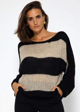 SASSYCLASSY Strickpullover Oversize Pullover Damen aus weichem Grobstrick Lässiger Strickpullover lang mit Streifen, Made in Italy