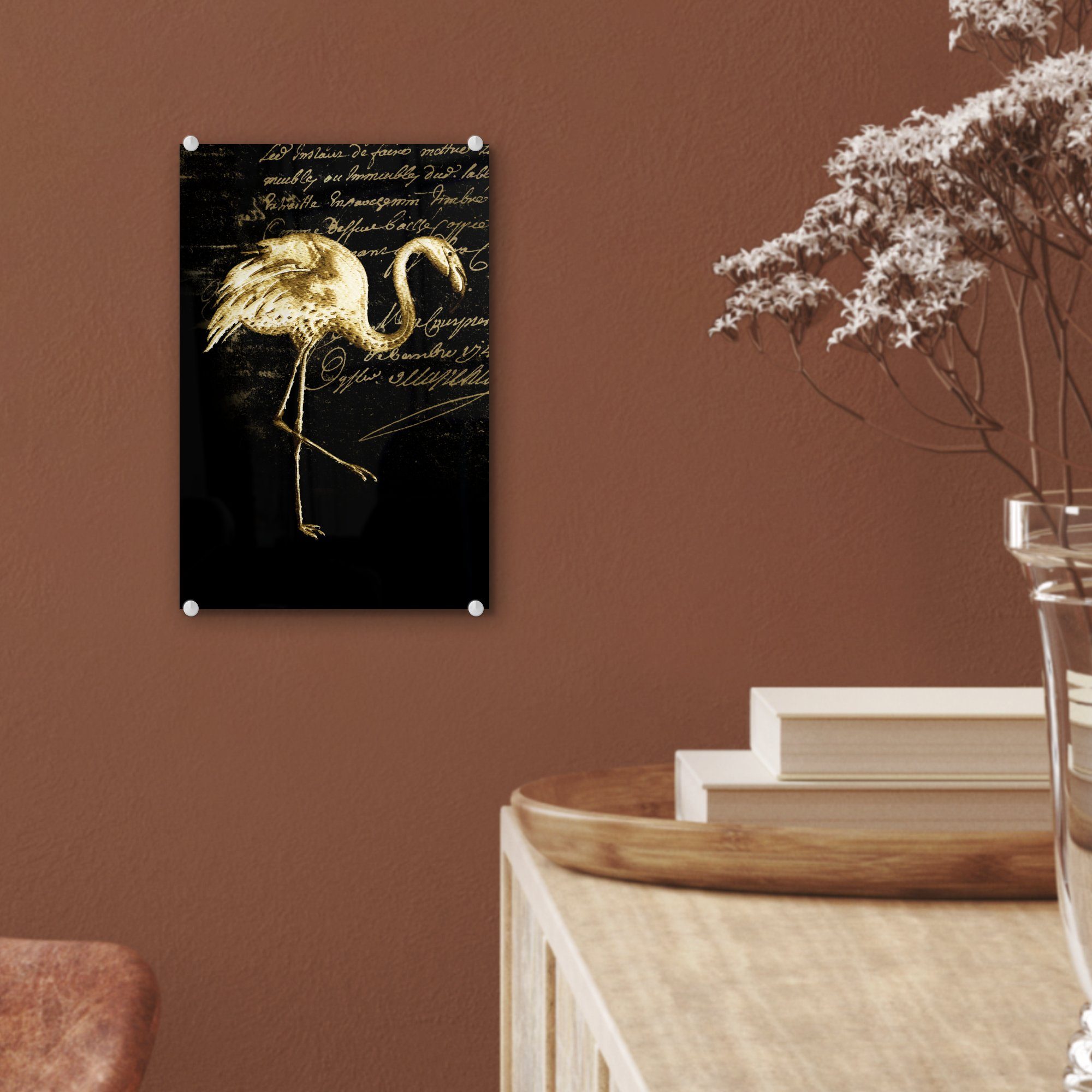 MuchoWow Acrylglasbild Flamingo Foto Wandbild - auf Glas - Illustration - Glas St), Gold, Wanddekoration auf (1 - Glasbilder bunt - Bilder