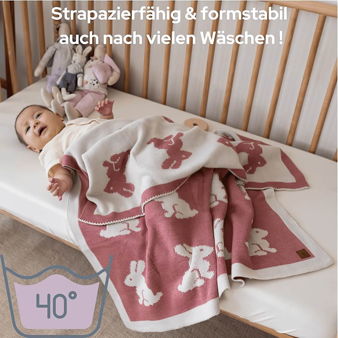 Babydecke Baby Strickdecke, Babydecke, Weich & Atmungsaktiv, 80x100cm Rosa Hasen, Little Dedi – Bild 4 von 5