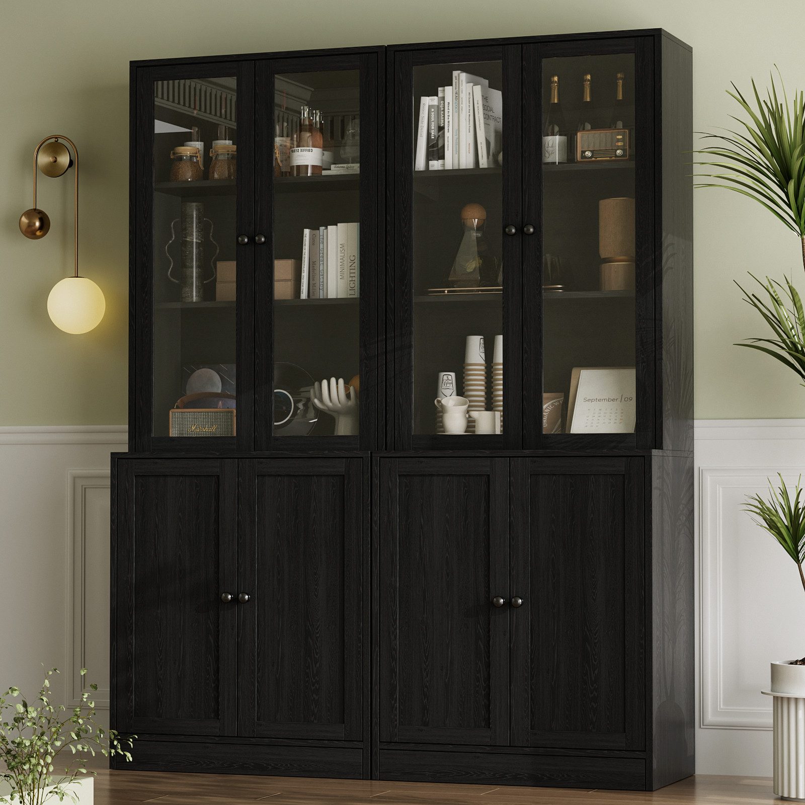 VOWNER Bücherregal 5-stöckiger Hochschrank mit Glastüren – 180 cm Vitrinenschrank, 1-tlg., Küchenhochschrank & Buffetschrank für Wohnzimmer, Esszimmer – Bild 4 von 5
