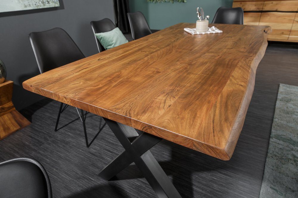 honigfarben, Tischplatte · 180cm · MAMMUT NATURE Massivholz Baumkante X-Gestell Akazie · 3,5cm riess-ambiente Baumkantentisch ·
