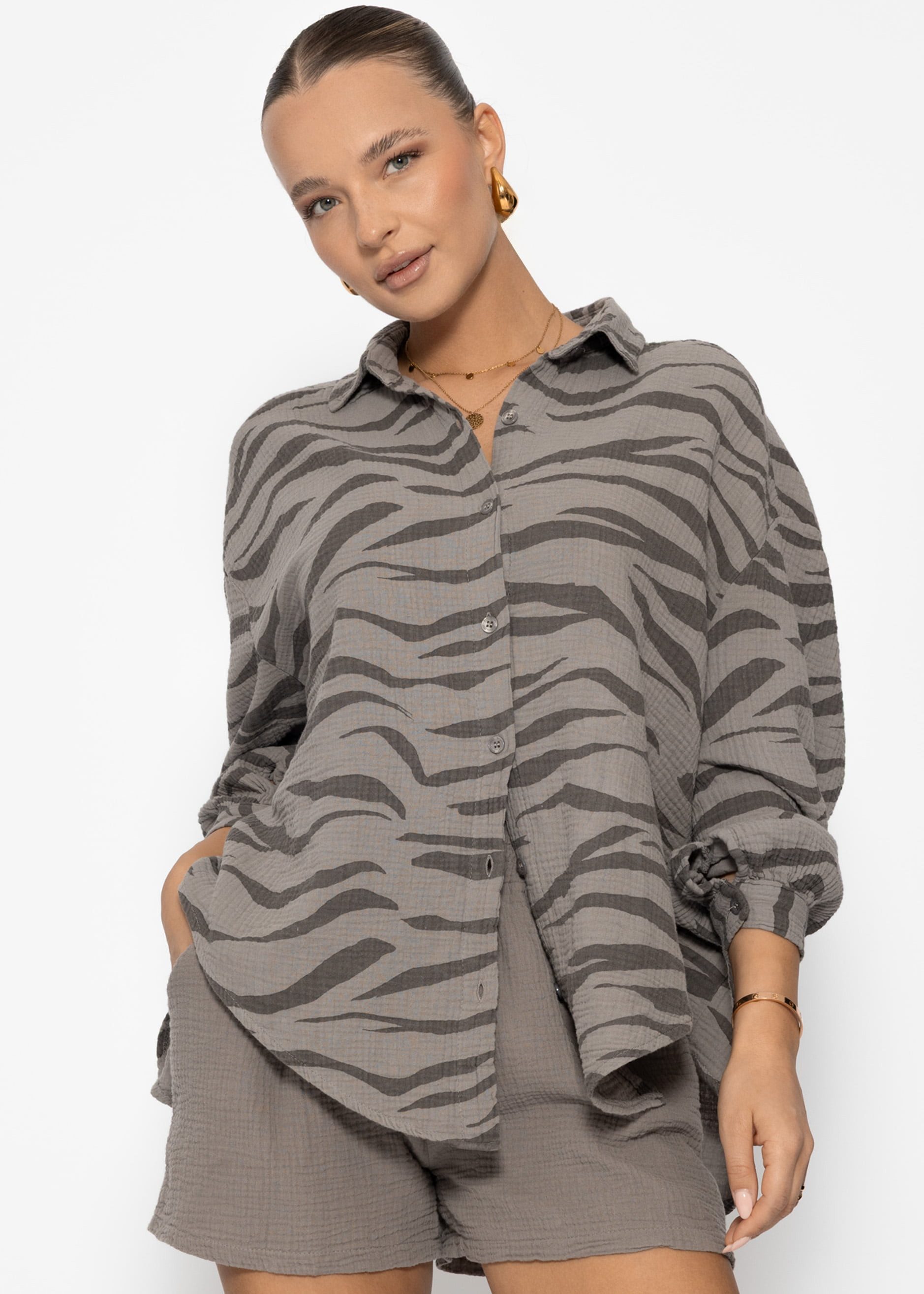 Longbluse Oversize Musselin Bluse Damen mit Print