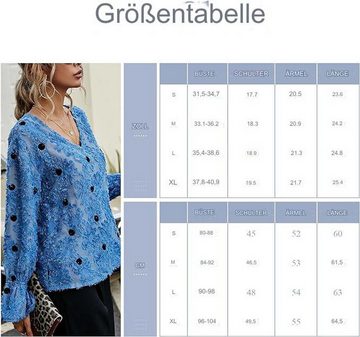 FIDDY Chiffonbluse Langarm Tops V-Ausschnitt Damen Blusen Polka Dot Pullover für Frauen