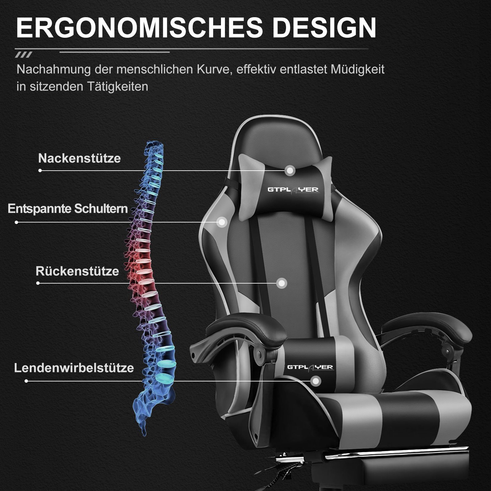 GTPLAYER Gaming-Stuhl Bürostuhl mit Massagefunktion, Fußstütze, Kopfstütze (Packung), Ergonomischer Gamer Stuhl Maximale Belastung 150 kg, 360° drehbar – Bild 3 von 5