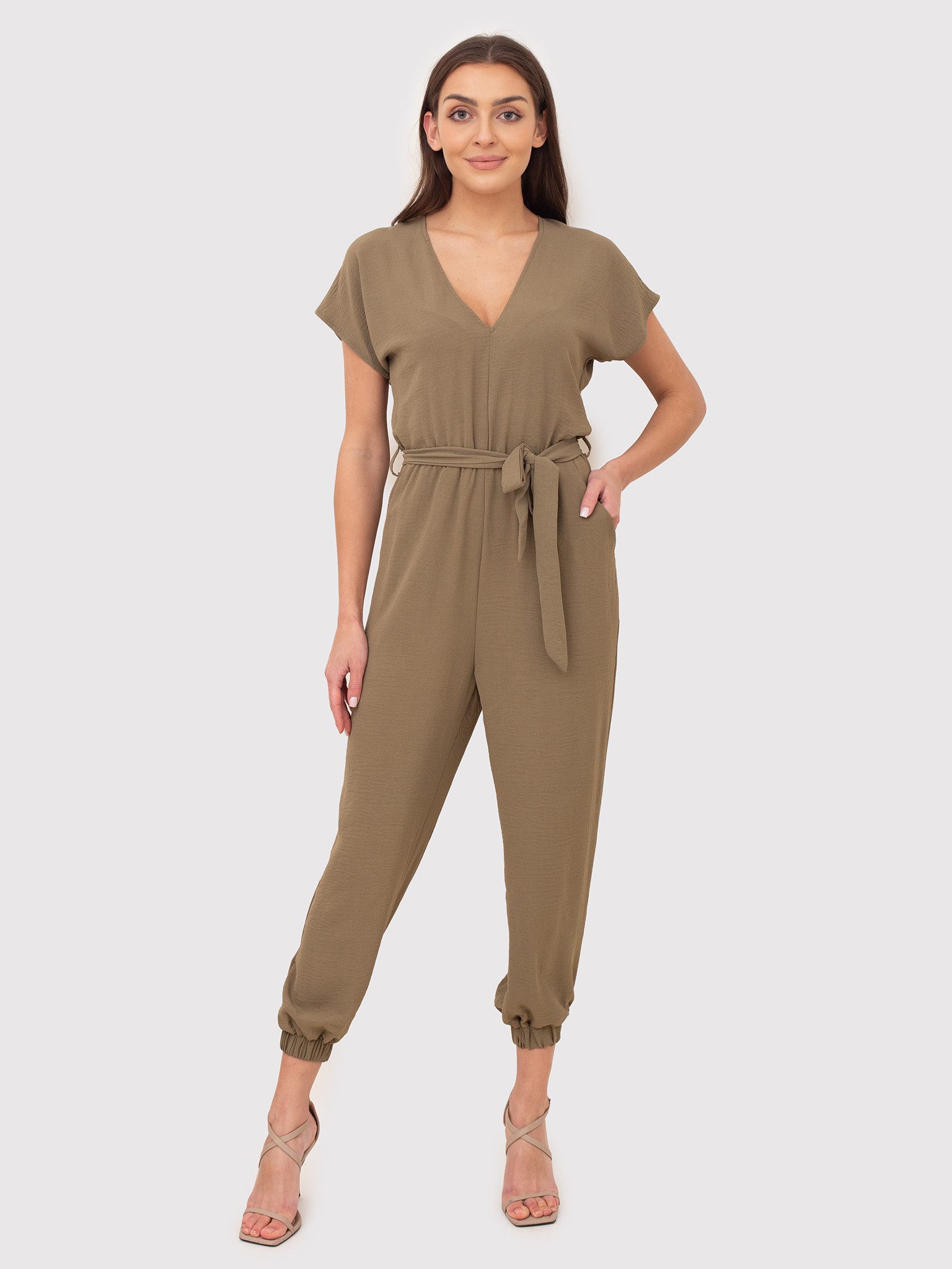 AX Paris Jumpsuit Kurzärmliger Khaki-Overall