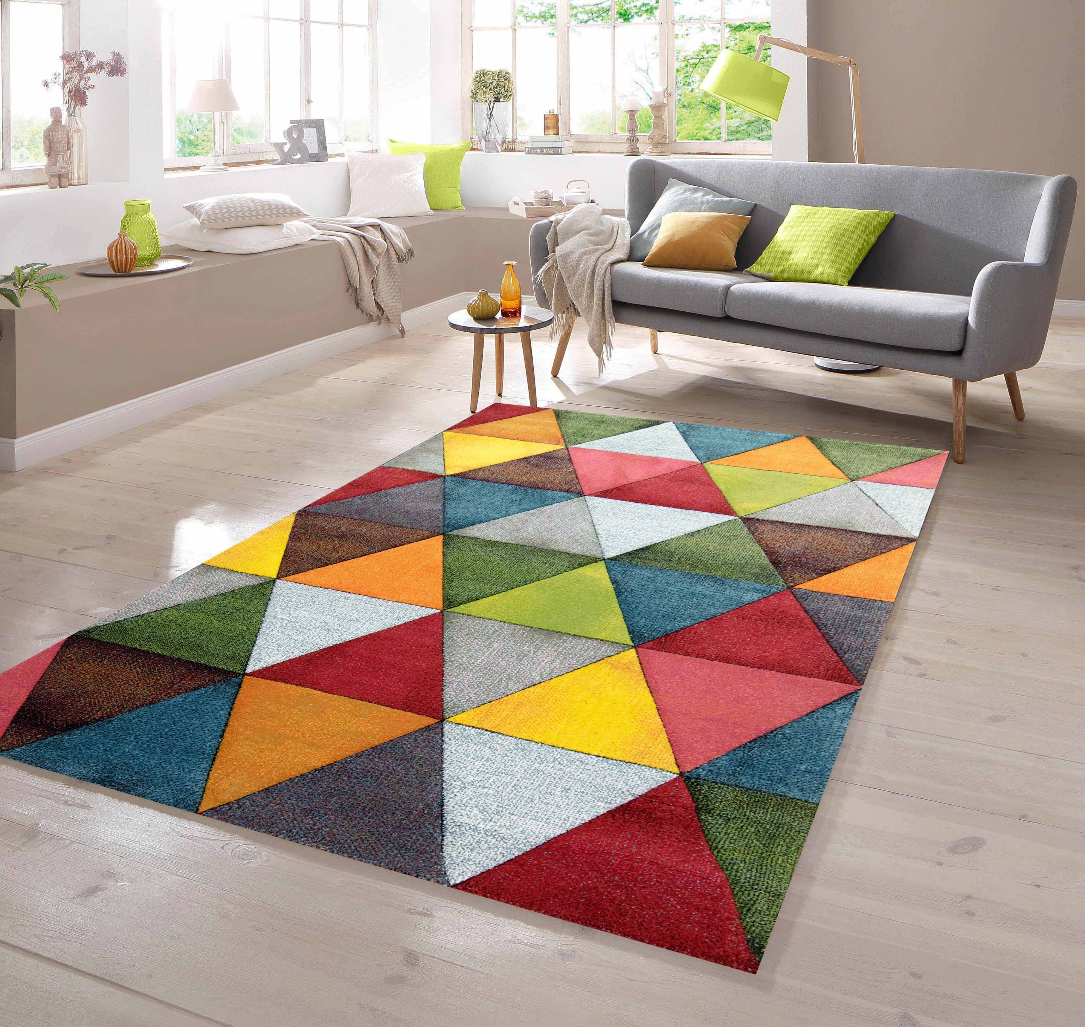 TeppichHome24 Teppich Teppich Dreieckmuster rot grün orange, rechteckig, Höhe: 13 mm