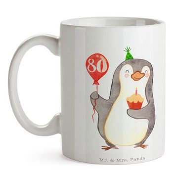 Mr. & Mrs. Panda Tasse 80. Geburtstag Pinguin Luftballon - Weiß - Geschenk, Teetasse, Geburt, Keramik, Langlebige Designs