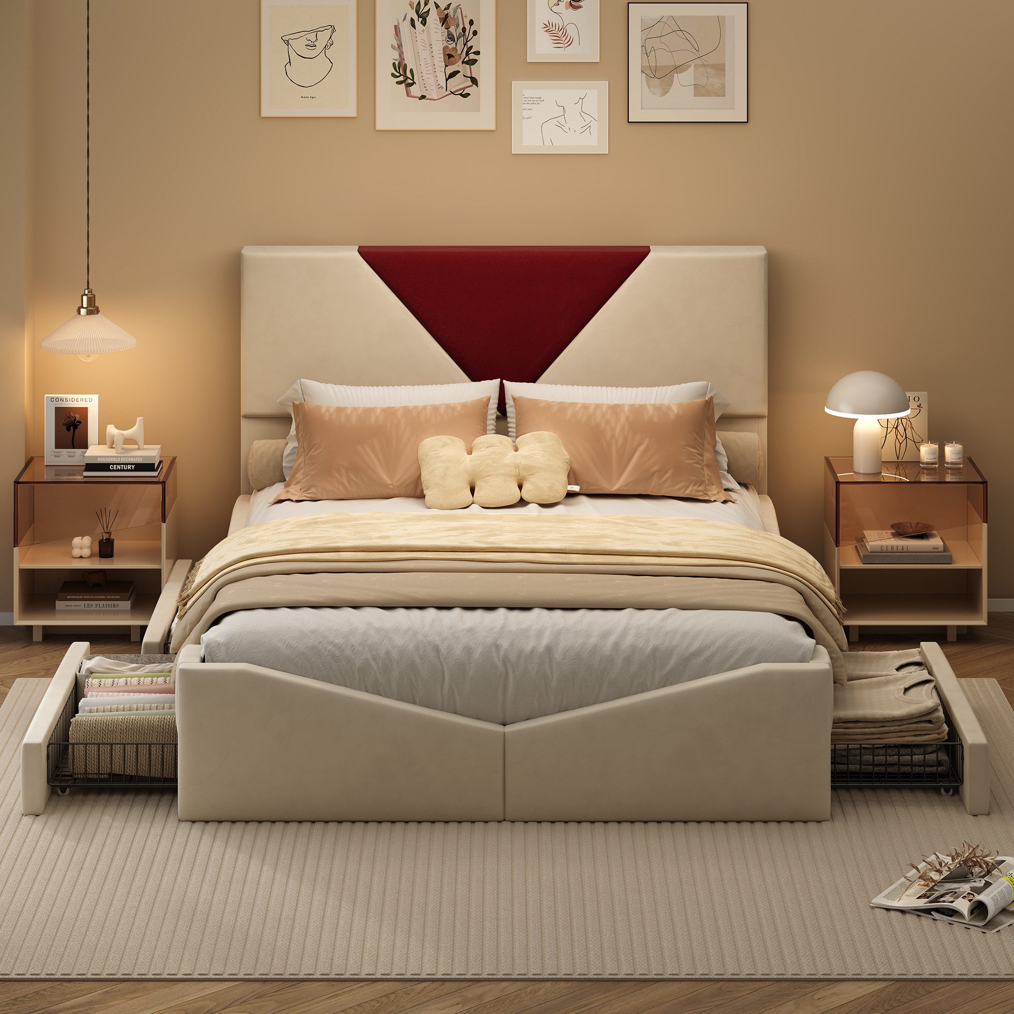 ADWOLT Stauraumbett Polsterbett Doppelbett mit Lattenrost, Bettgestell 160x200,Rotes dreieckiges Kopfteil,mit 4 Schubladen,Beige