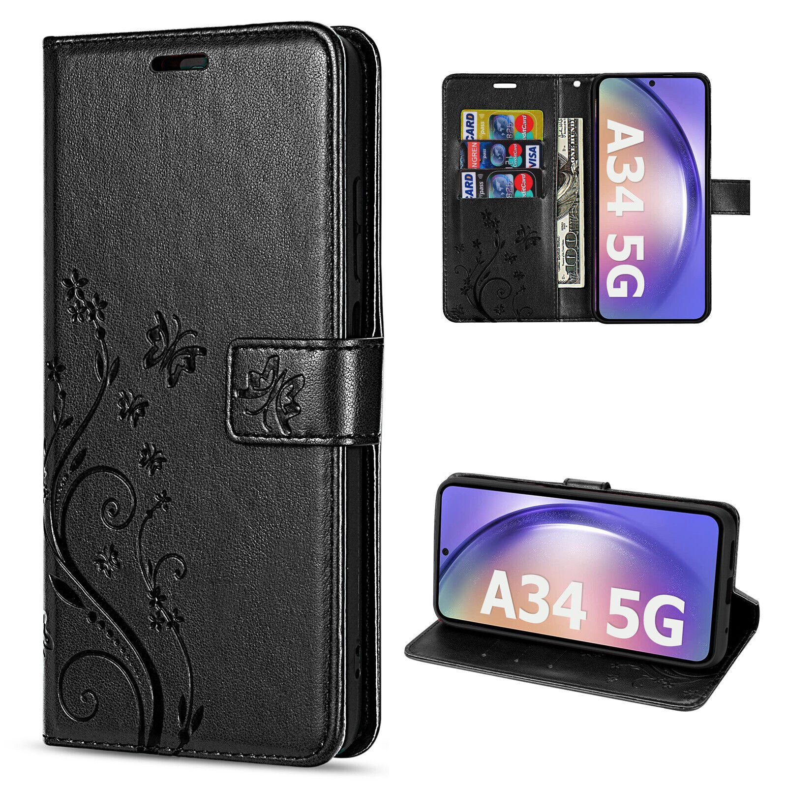 betterfon Handyhülle Handytasche für Samsung Galaxy A34 5G Klapphülle, Bookstyle-Hülle: Magnetverschluss 3 Kartenfächer & Standfunktion