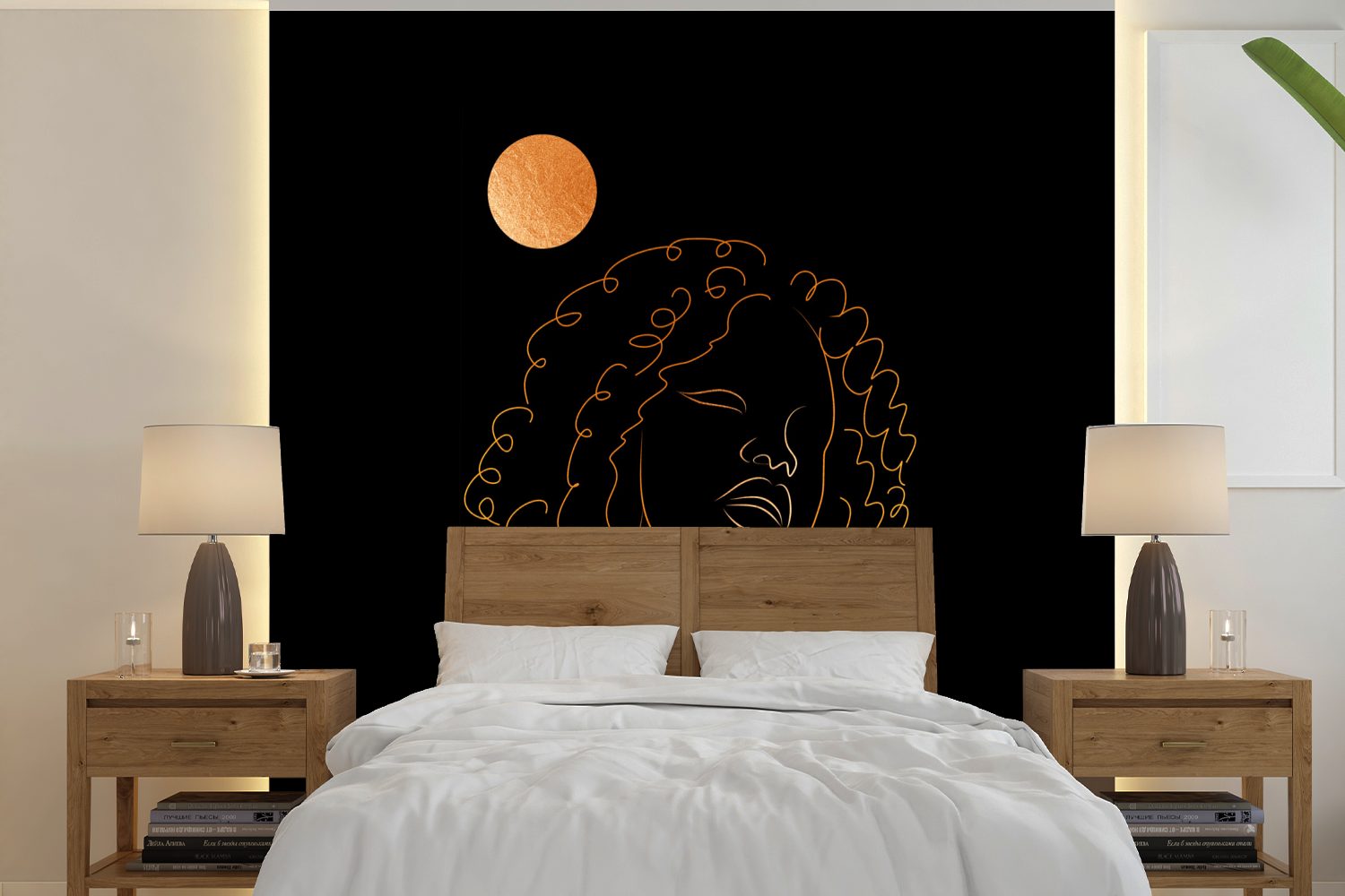 MuchoWow Fototapete Frau - Mond - Strichzeichnung - Gold, Matt, bedruckt, (5 St), Vinyl Tapete für Wohnzimmer oder Schlafzimmer, Wandtapete