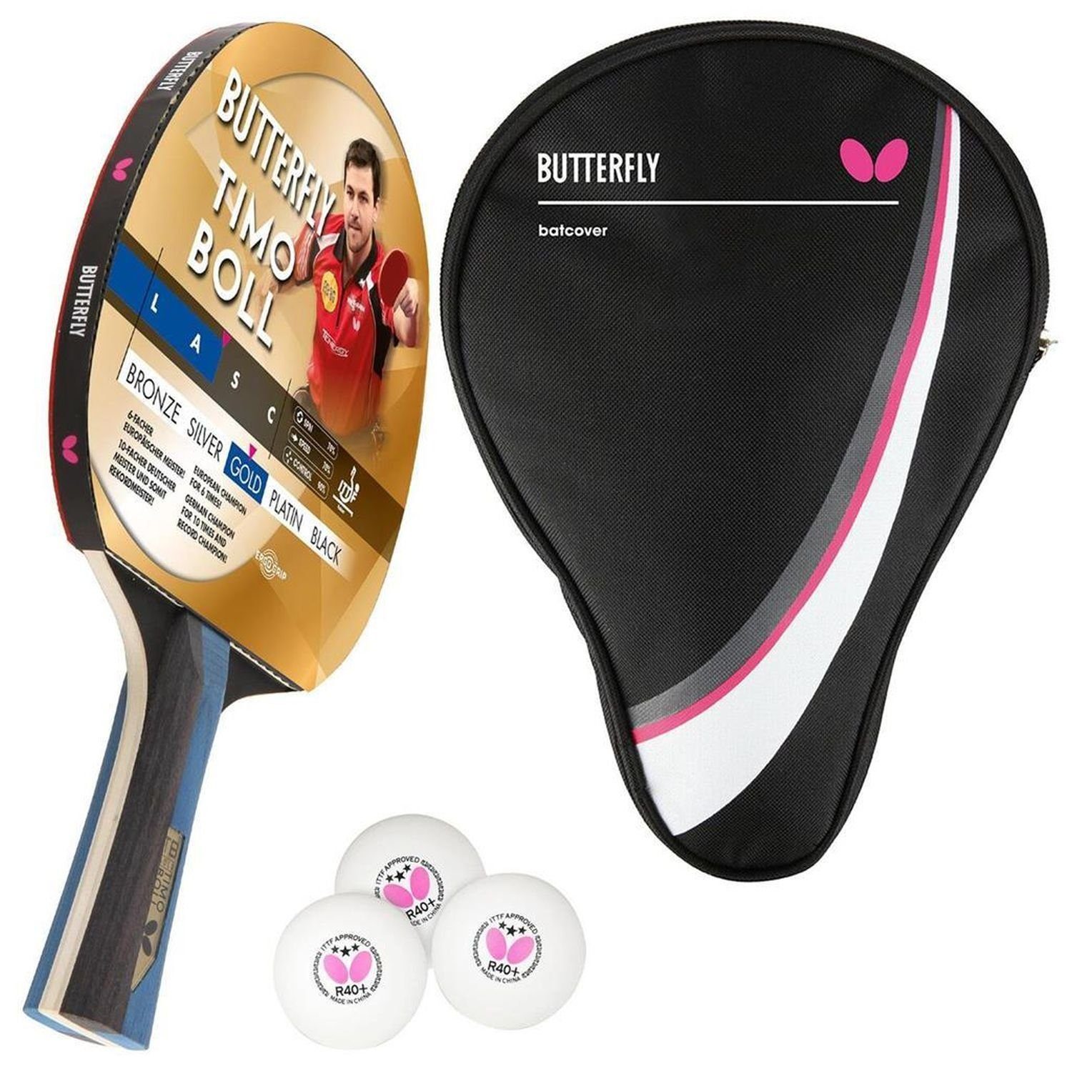 Tischtennisschläger 1x Timo Boll Gold 85021 + Drive Case 1 + Bälle