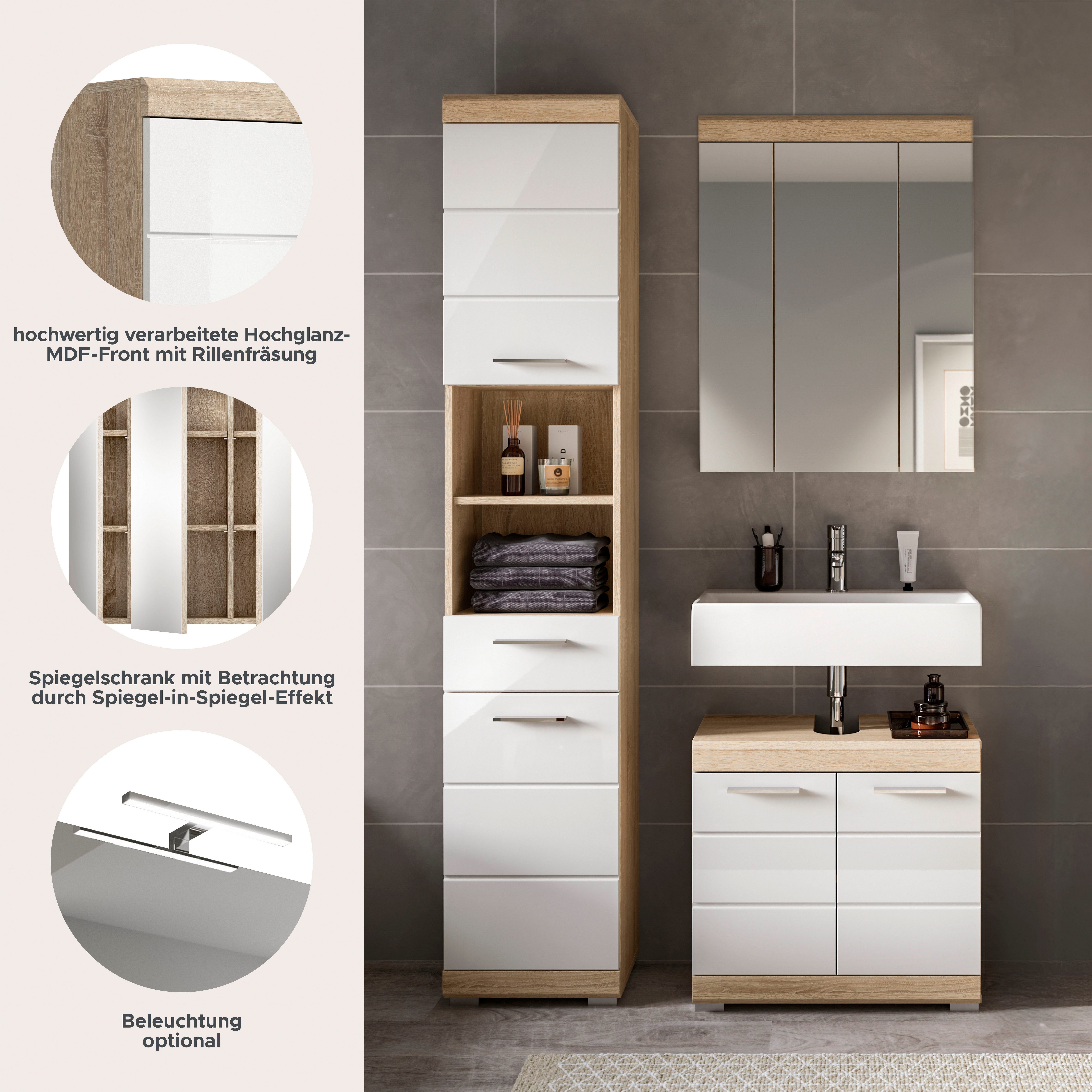 welltime Badmöbel-Set SIENA, 3 teilig, bestehend aus:, (Set, 3-St., TOPSELLER), Hochschrank, Waschbeckenunterschrank, Spiegelschrank