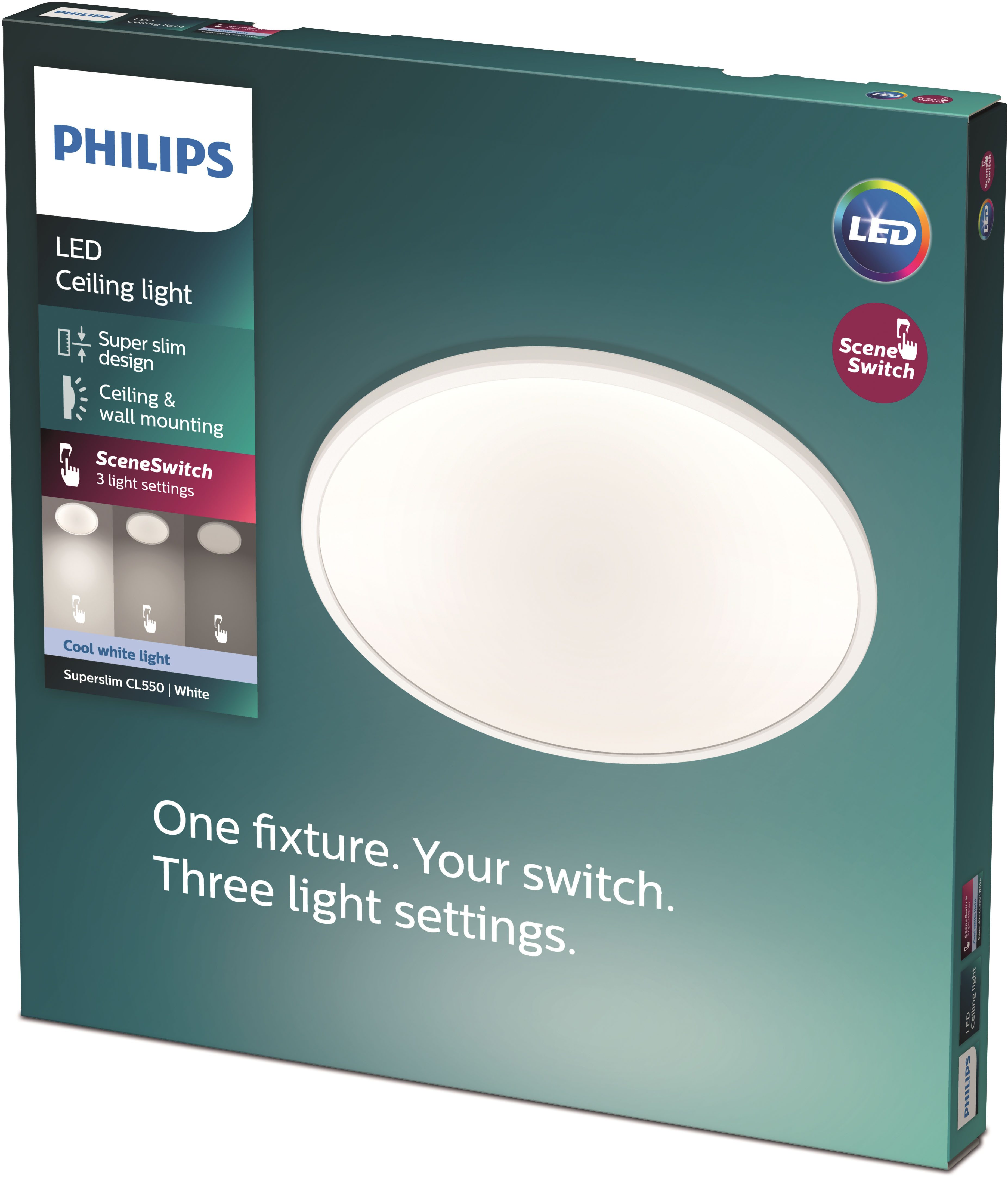Philips LED Deckenleuchte Superslim 3-in-1 LED Leuchte CL550, IP44, 2700K, Dimmfunktion, Memoryfunktion, dimmbar über Fernbedienung, mehrere Helligkeitsstufen, LED fest integriert, Warmweiß, SceneSwitch, warmweiß, LED, dimmbar mit Lichtschalter