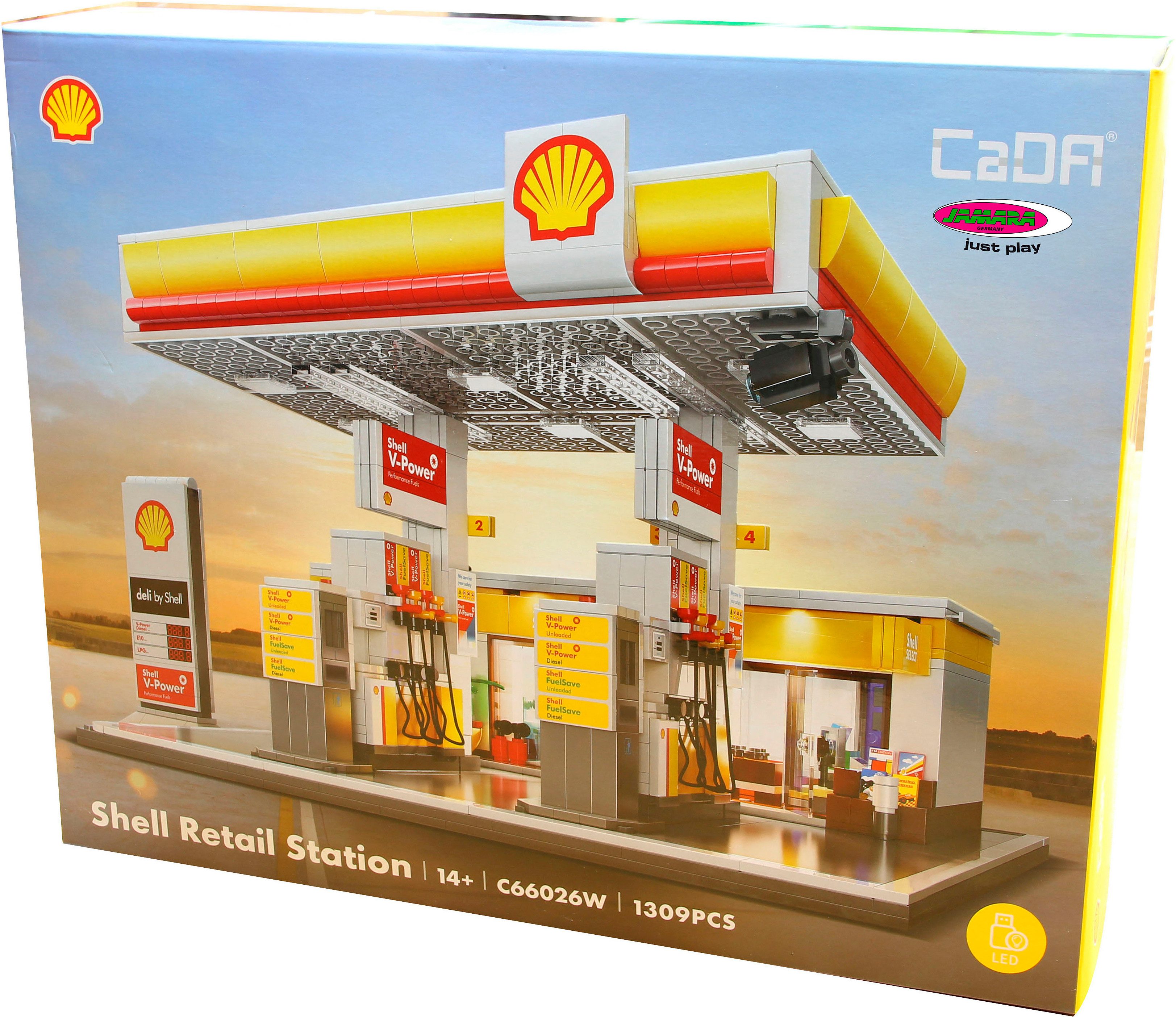 Jamara CaDA, Bricks, Shell Tankstelle mit Shop und Waschanlage (402857) Konstruktions-Spielset, (1309 St), mit LED Licht