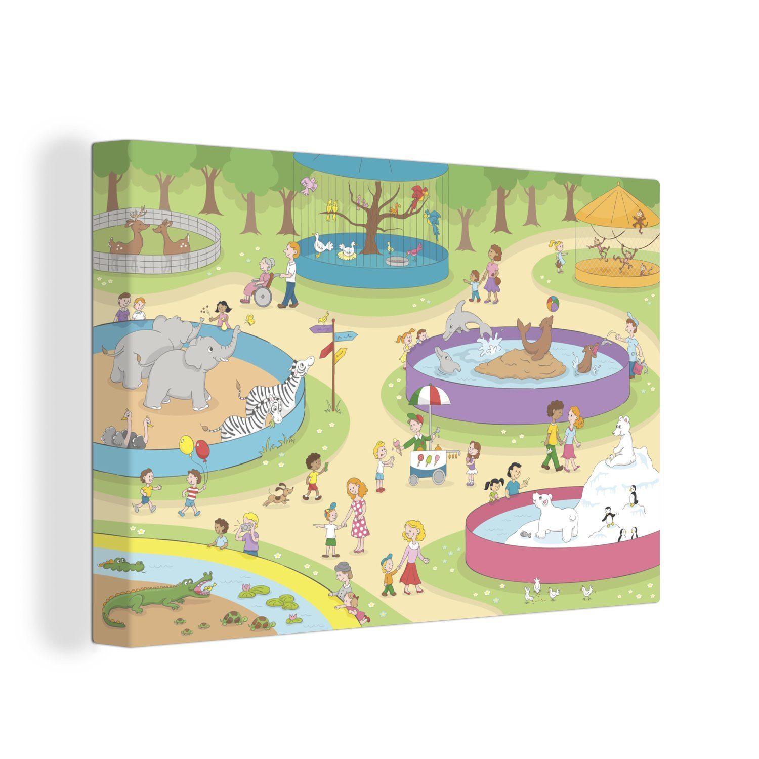 OneMillionCanvasses® Leinwandbild Eine Illustration eines Tages im Zoo, (1 St), Wandbild Leinwandbilder, Aufhängefertig, Wanddeko, 30x20 cm