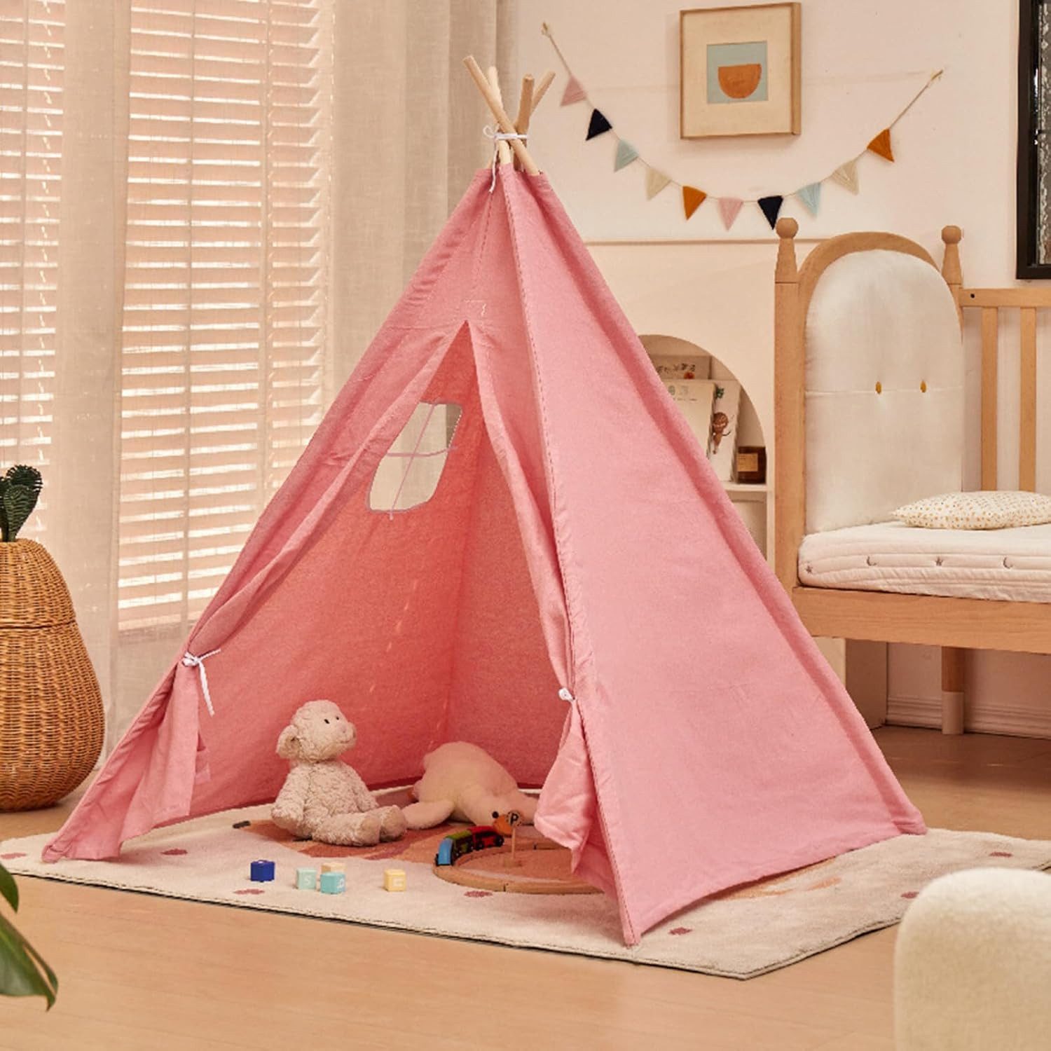 MOPUEA Spielzelt Kinder-Tipi Klassisches Indisches Kinder Spielzelt luftig Faltbar (Kinder Tipi Spielzelt Set mit Zeltstoff und stabilen Holzstangen, Kinder Spielzelt Tipi mit stabiler Konstruktion und faltbarem Design) Faltbar stabil luftig Spielzelt aus Baumwolle und Leinen für Kinder