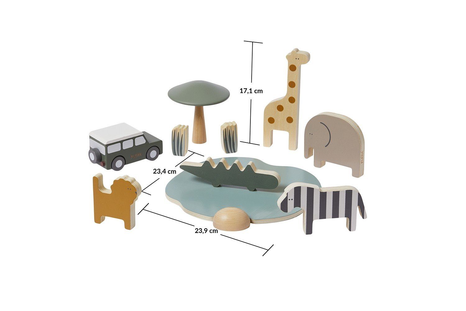 Flexa Spielfigur Safari-Tiere und Jeep aus Holz
