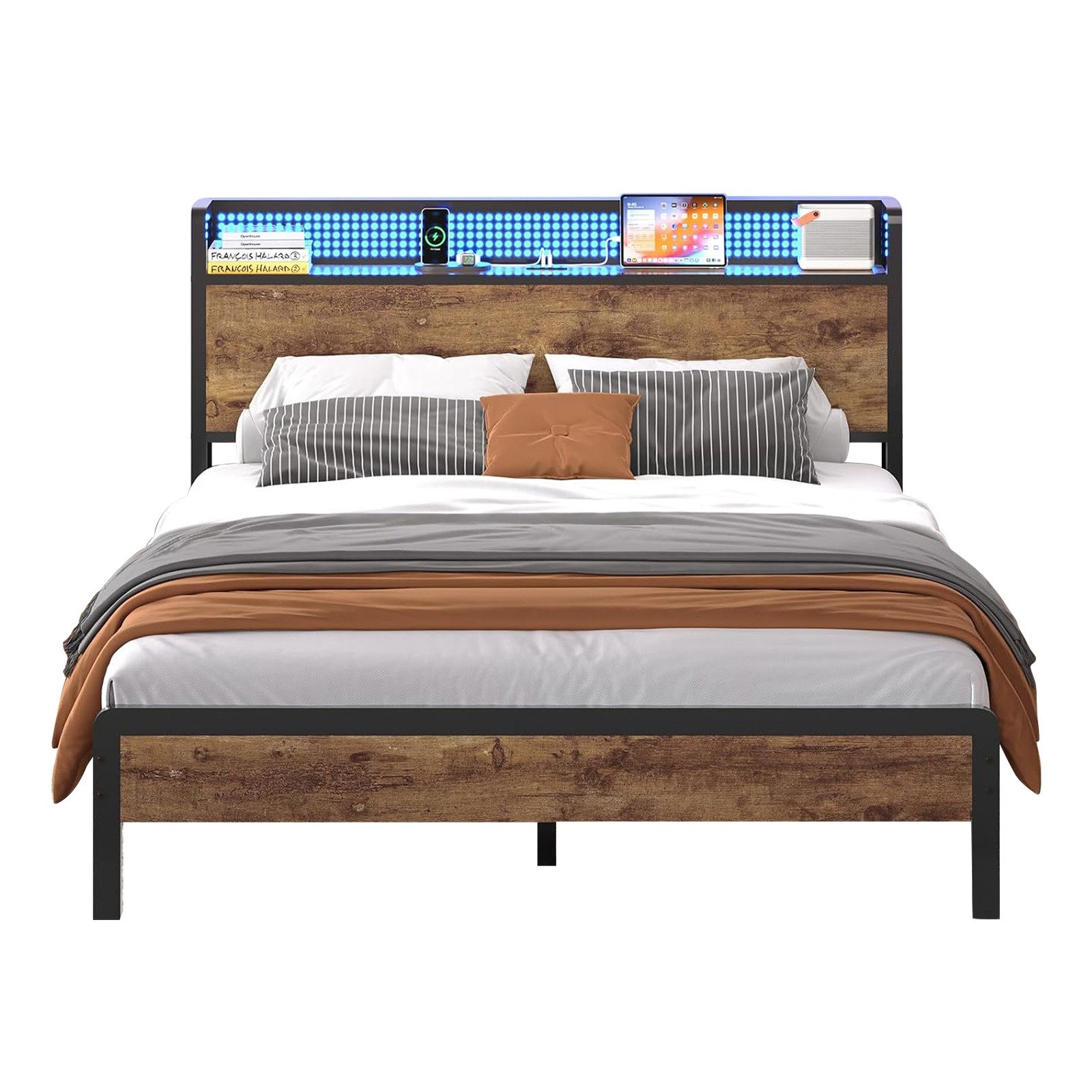 Metallbett mit LED-Beleuchtung – Metallrahmen, Ladestation, Vintage Braun