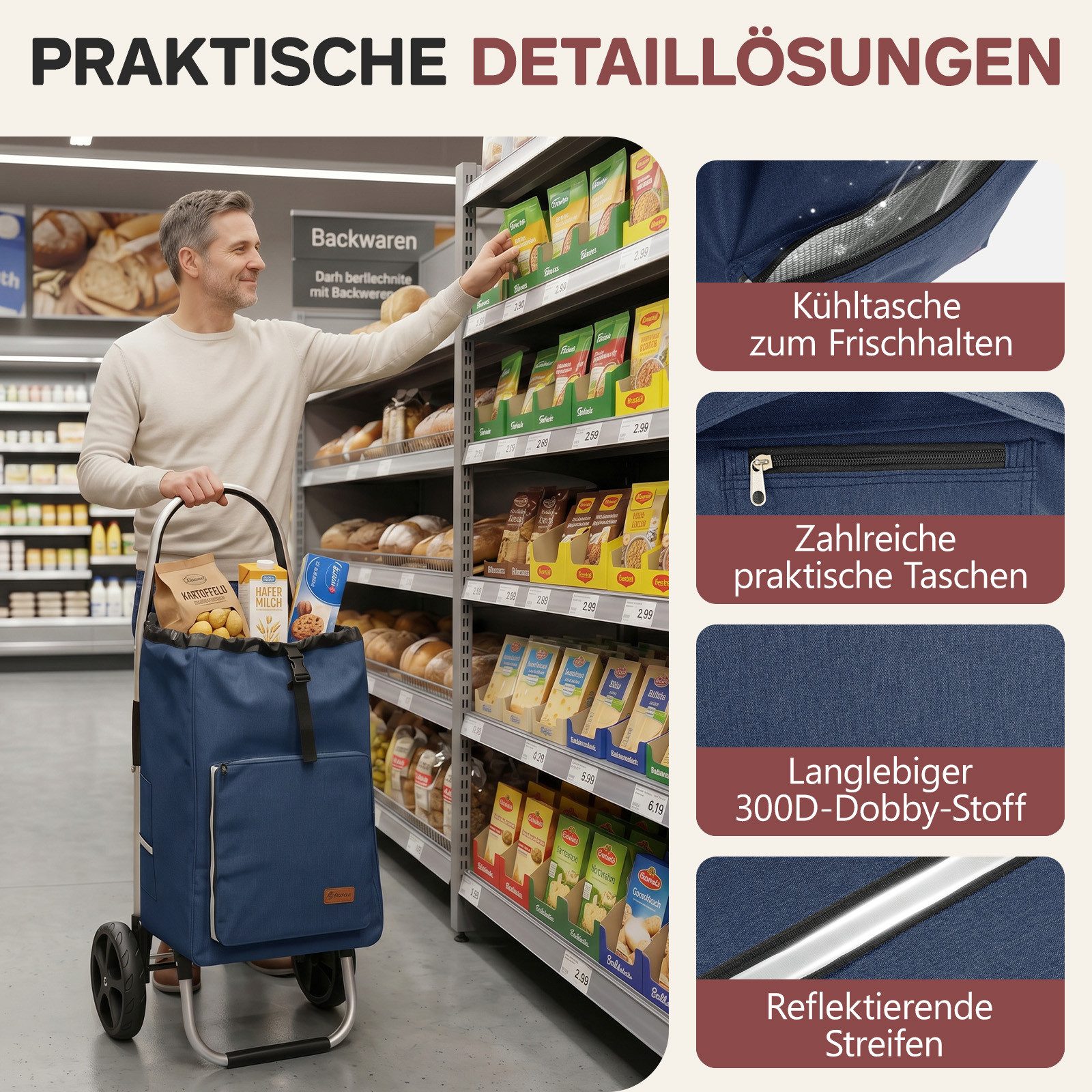 Sekey Einkaufstrolley 4-in-1 Einkaufstrolley Klappbar Einkaufswagen mit Rucksack, Kühltasche, 60 l, 60 l, Klappbarer Transportwagen, Handwagen mit großen Rädern