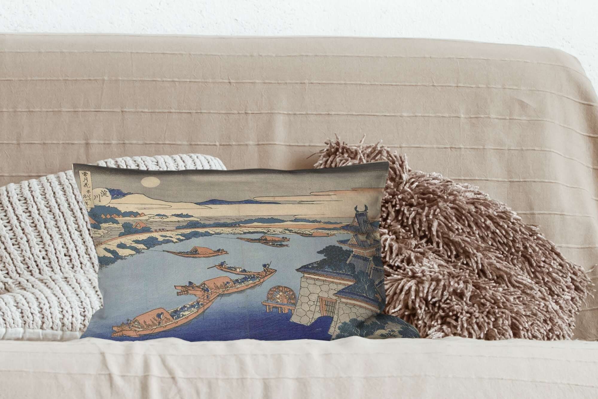 im Der Yodo - Zierkissen, Dekoration, Katsushika Schlafzimmer Hokusai, Fluss MuchoWow mit Mondlicht Wohzimmer von Füllung, Dekokissen Dekokissen Gemälde