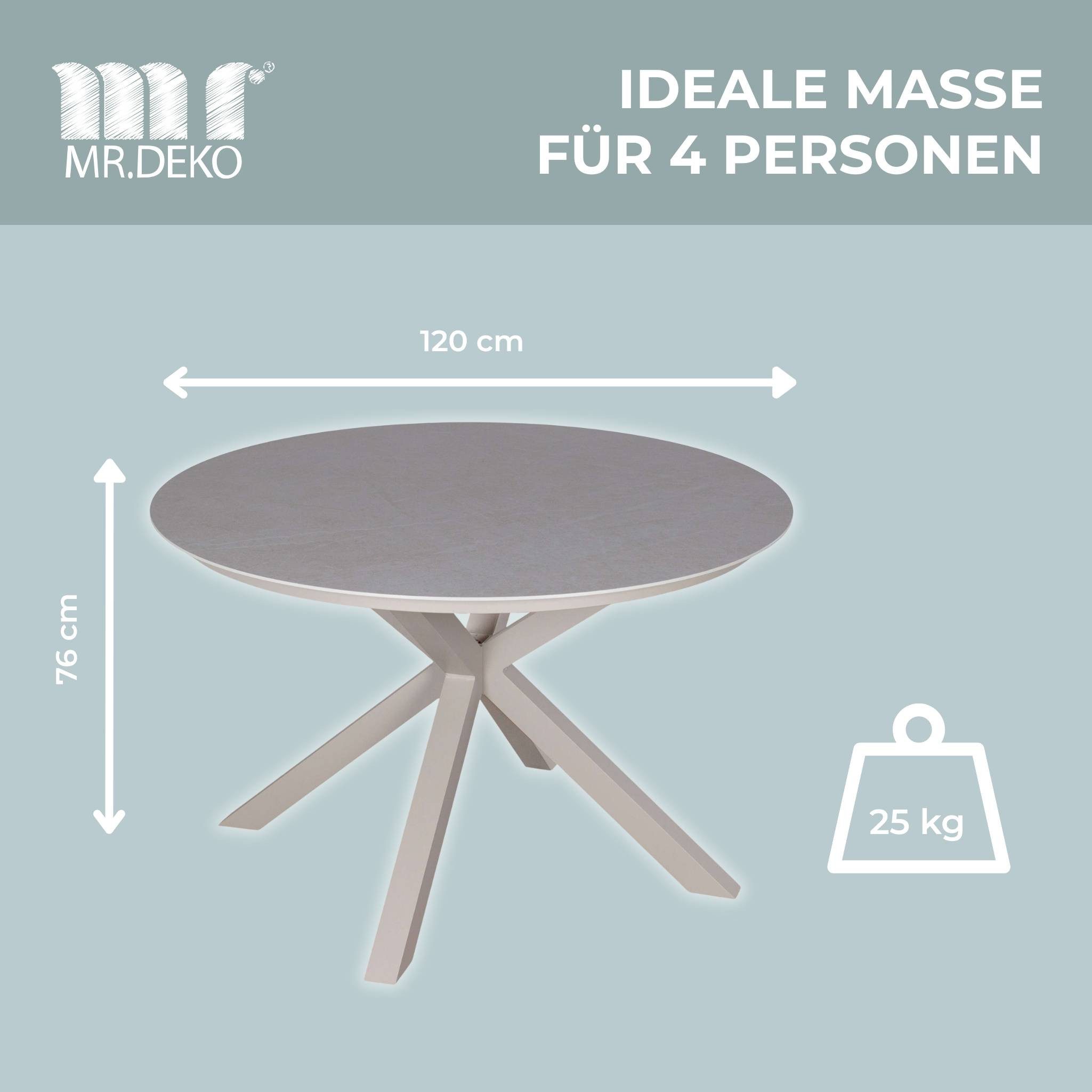 MR.DEKO Gartentisch rund Malaga Ø 120cm wetterfest Aluminium Keramik in Ivory (Mit X-Gestell & Keramik-Tischplatte – stilvoller Esstisch für Outdoor, 1-St), Wetterfest & modern – Tisch Höhe anpassbar, pflegeleicht