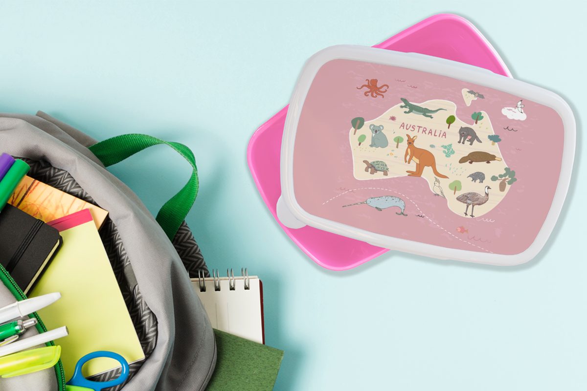 MuchoWow Lunchbox - Brotdose rosa Kinder Kunststoff für - Brotbox Kinder, Snackbox, Tiere - Australien Kinder, Erwachsene, - Mädchen (2-tlg), Mädchen, Kunststoff, Weltkarte 