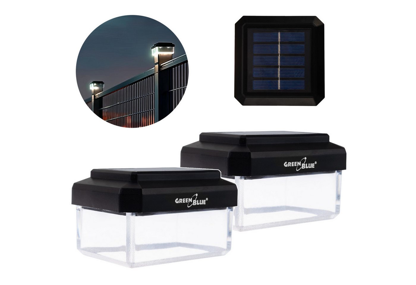 GreenBlue LED Solarleuchte GB125/GB127/GB128 Aufsatz Solarlampe für Pfosten, LED fest integriert, Warmweiß, Lichtquelle im Garten Wegbeleuchtung