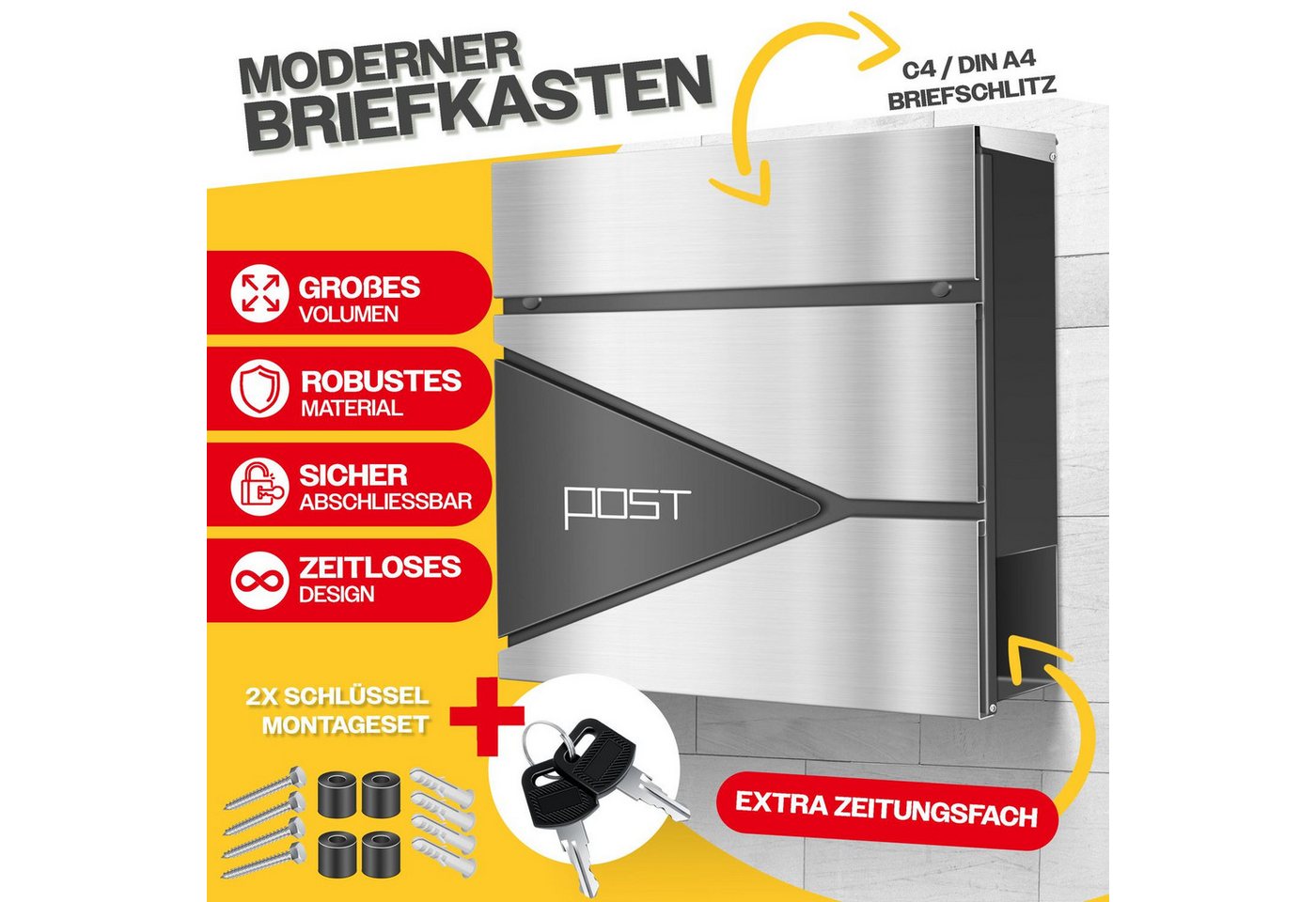 Thumbnail - KESSER Briefkasten, mit Zeitungsfach Wandmontage Wandbriefkasten Edelstahl