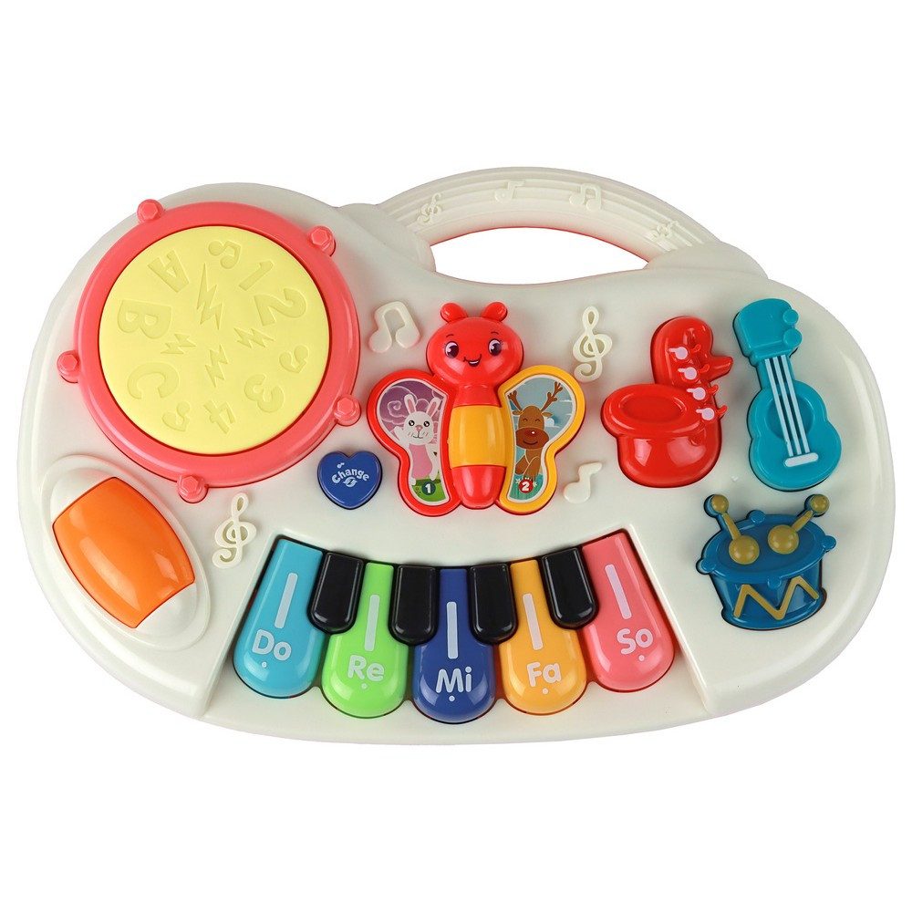 LEAN TOYS Spielzeug-Musikinstrument Musikspielzeug Kinderklavier Lernspielzeug, (Spar-Set, 1 tlg., 29 x 19 x 6 cm bunt), 5 Tasten Do-Re-Mi-Fa-So, Trommel, Tragegriff