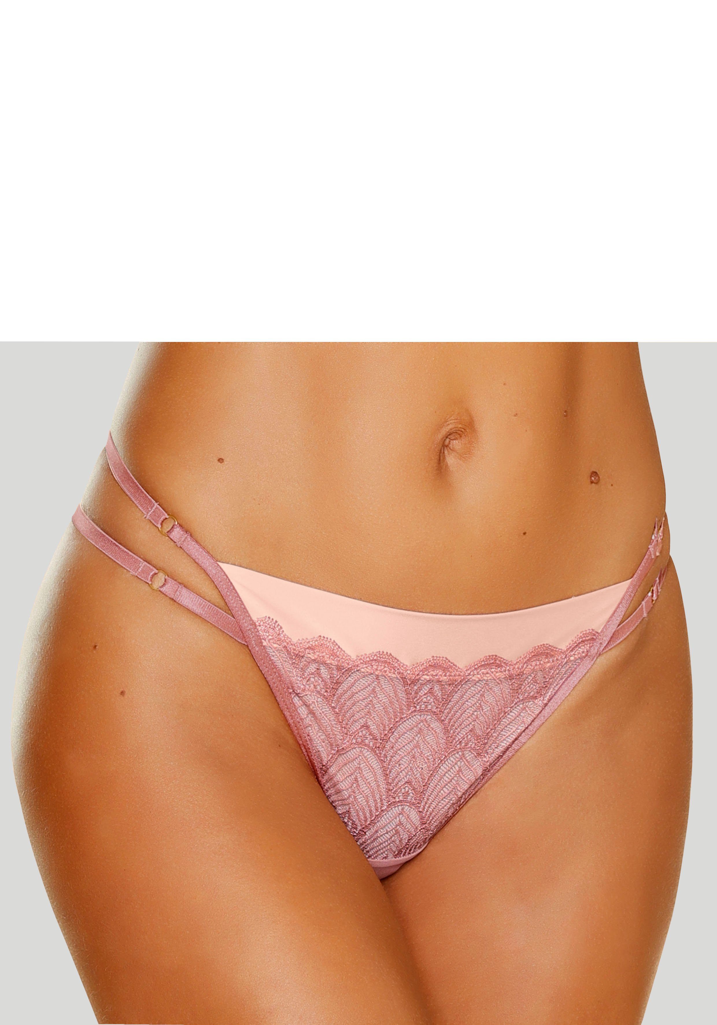 schöner Belinda String aus rosa-pfirsich Satinware mit Spitze LASCANA kombiniert