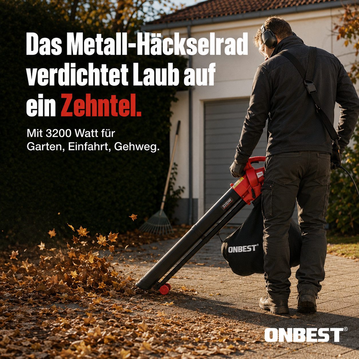 Onbest Elektro-Laubbläser LV3245 3in1 Laubsauger Laubhäcksler, 10:1 Mulchen, 45L Fangsack, 3200W