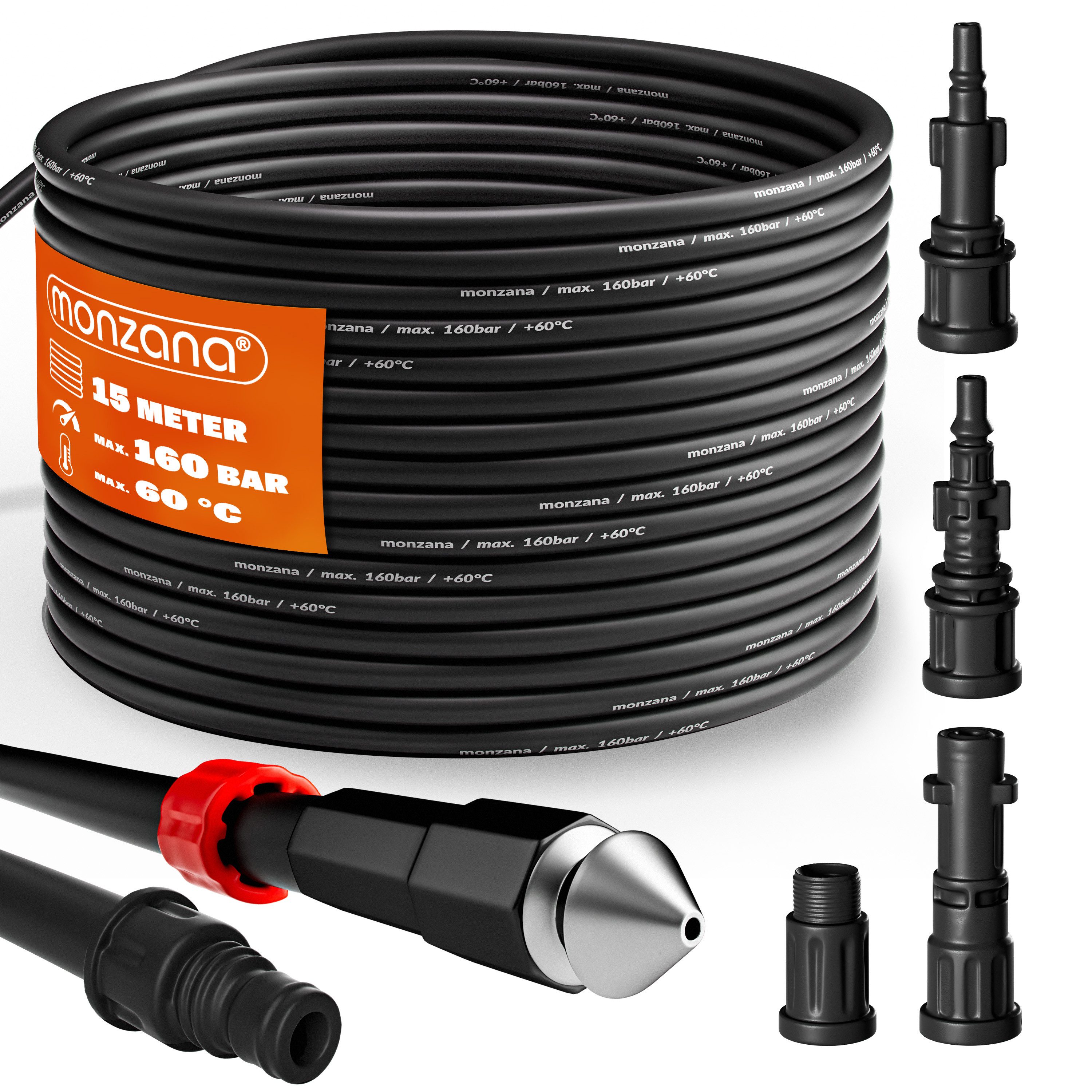 Deuba Rohrreinigungsspirale, Rohrreinigungsschlauch 15m 160Bar 4 Adapter Rohrreinigungsset Schlauch