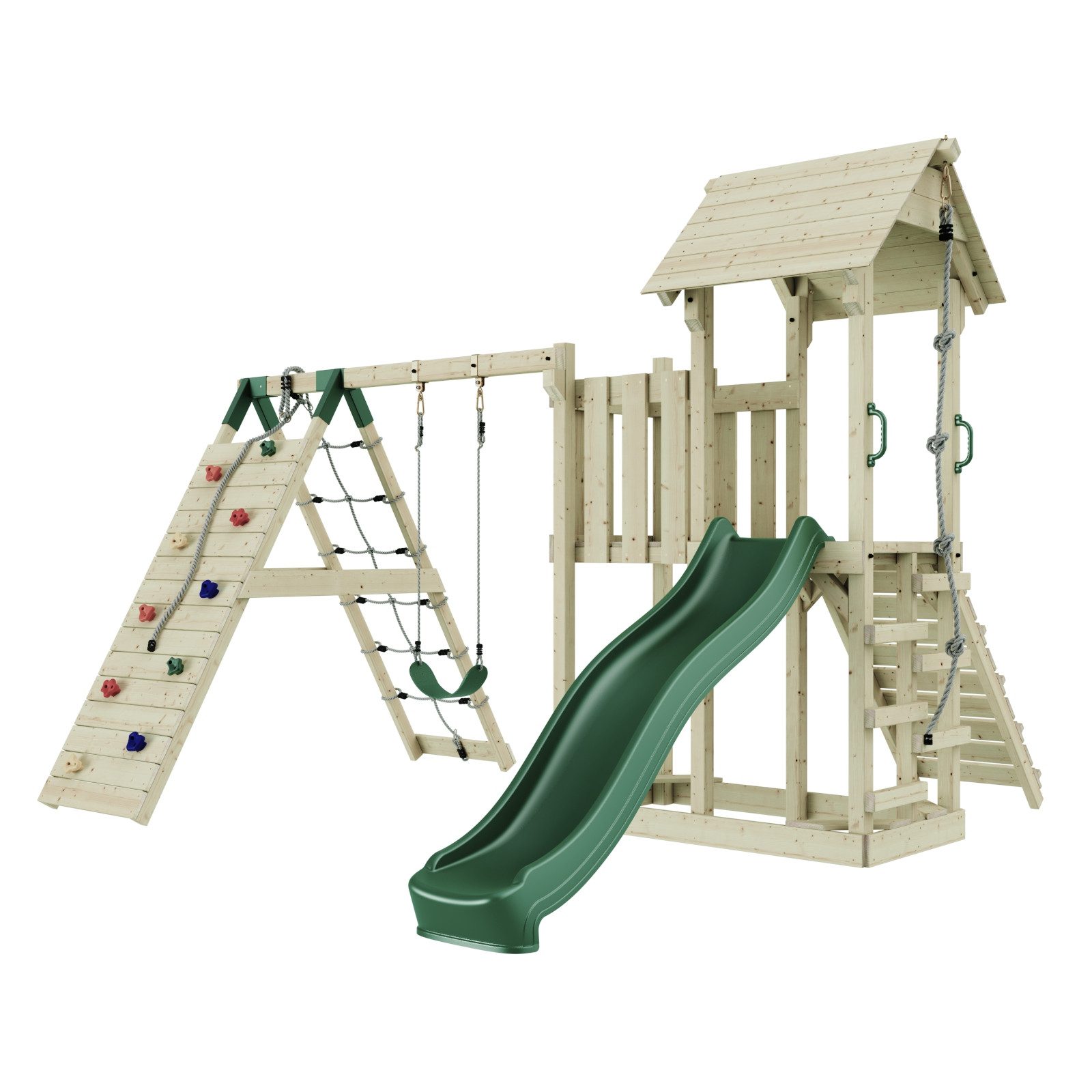OutdoorToys Spielturm Farö, aus Holz in Smaragdgrün mit Kinderschaukel & Rutsche, Kletterwand