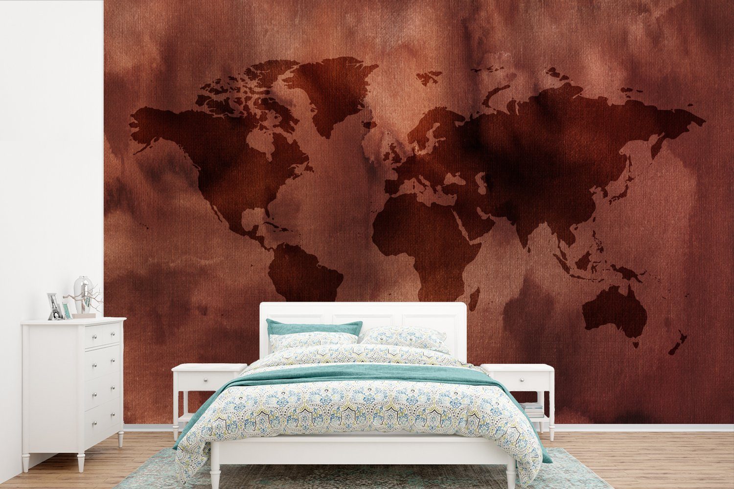 MuchoWow Fototapete Weltkarte - Sepia - Textil, Matt, bedruckt, (6 St), Wallpaper für Wohnzimmer, Schlafzimmer, Kinderzimmer, Vinyl Tapete