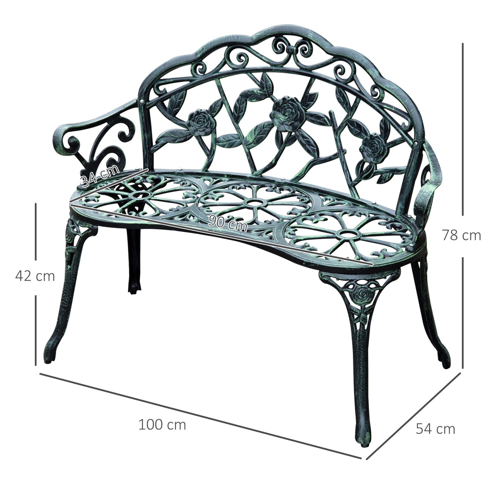 CHICFURN Gartenbank 2-Sitzer Sitzbank aus Metall für Gartenmöbel (Packung, 1-St., Parkbank für Außenbereich, belastbar bis 240 kg), Antik-Grün, 100 x 54 x 78 cm