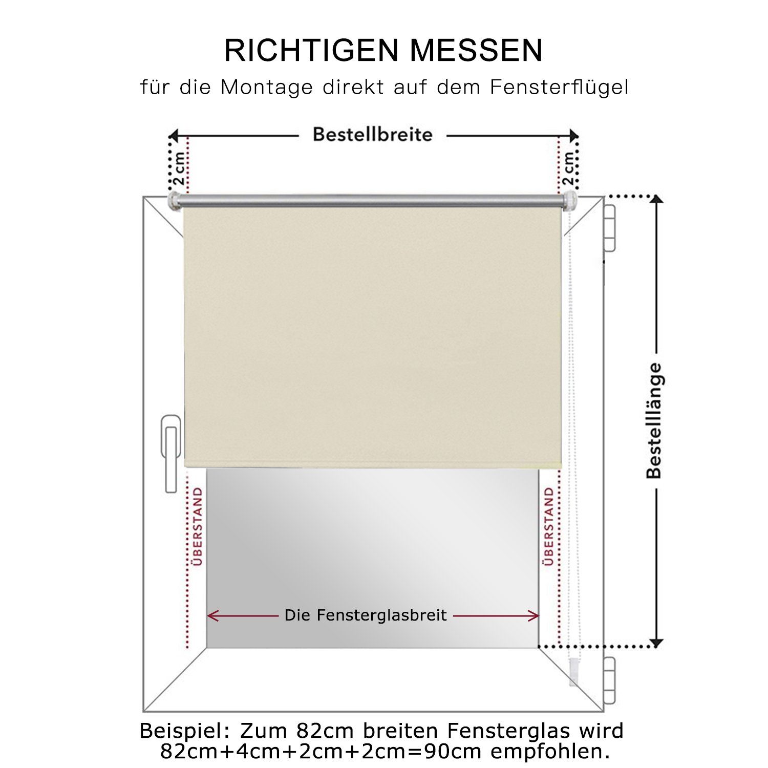 Klemmfix Bohren,mit Beige freihängend, Lichtschutz, Verdunklungsrollo, Klemmträger, Seitenzugrollo ohne i@home, mit Thermobeschichtung,