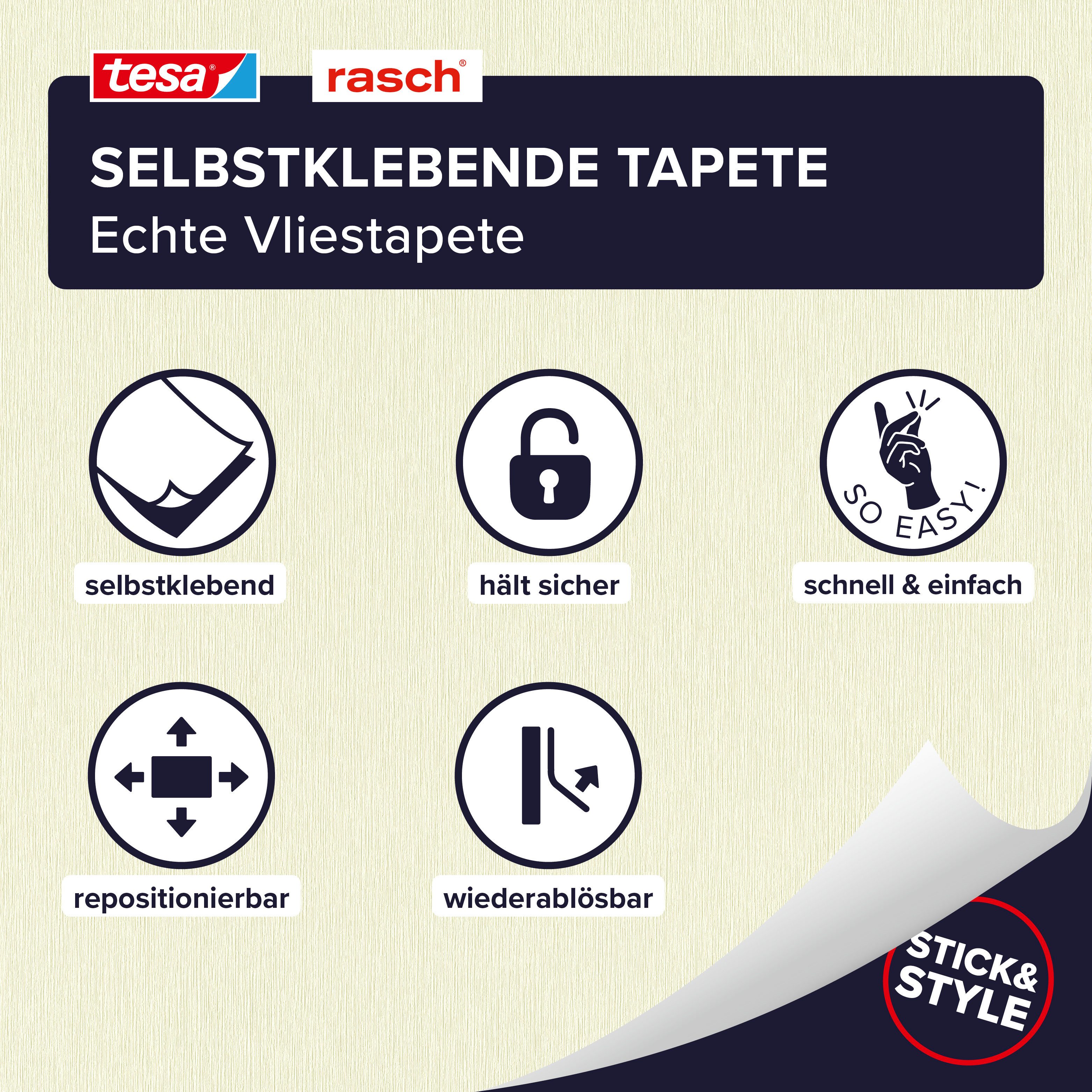 Rasch Vliestapete - Selbstklebende Tapete weiß von tesa® x rasch®, strukturiert, uni, einfarbig, unifarben, Leinenoptik, (1 St), selbstklebend, 6,00m x 0,53m