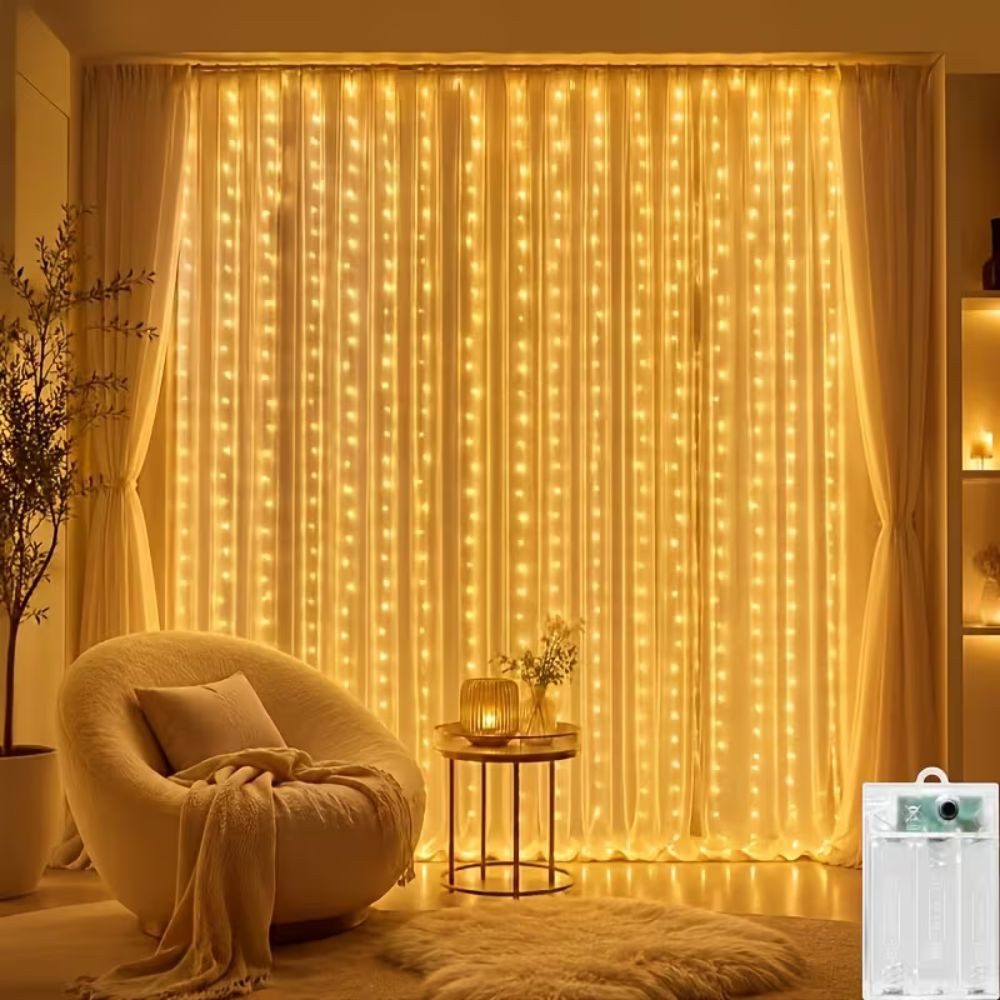Wrischan LED-Lichtervorhang LED Lichtervorhang 3x3m 300 LEDs Warmweiß mit Fernbedienung 8 Modi, 300 LEDs, 8 Modi, Timer, dimmbar, Fernbedienung, IP65