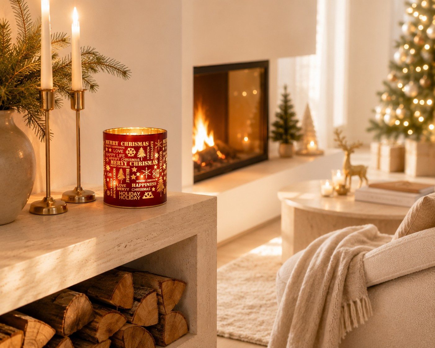 Wurm LED Windlicht LED Windlicht Merry Christmas Rot Gold Weihnachtsdeko Glas mit LED, LED fest integriert