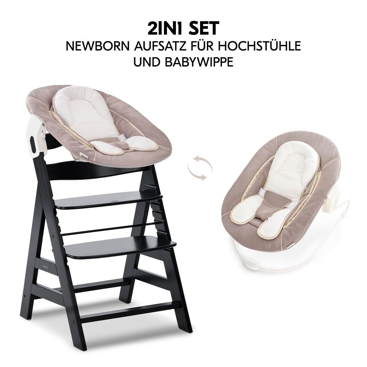 Hauck Hochstuhl Alpha Plus Black Newborn Set - Stretch Beige (Set), Holz Babystuhl ab Geburt inkl. Aufsatz für Neugeborene & Sitzauflage – Bild 5 von 5