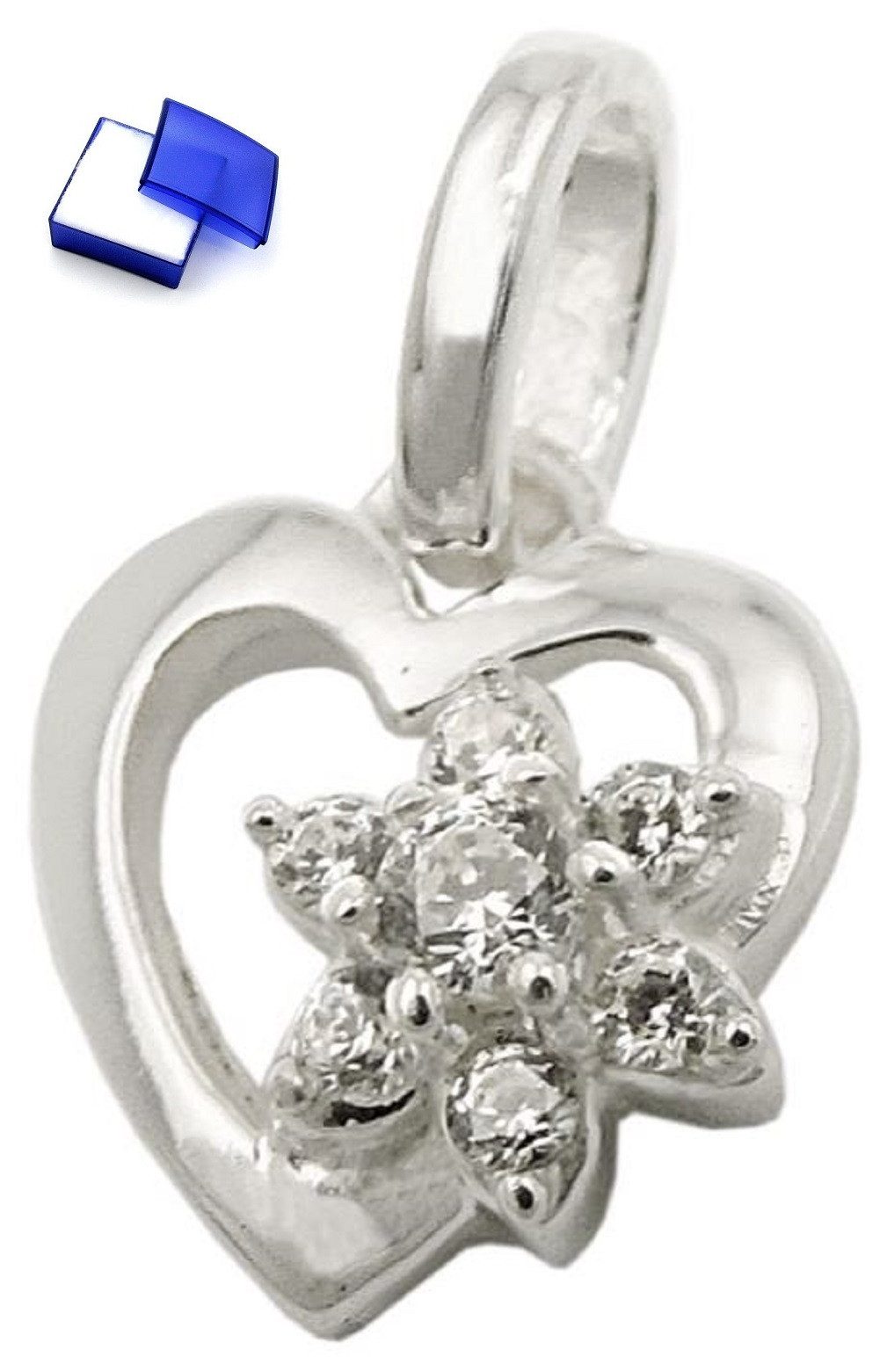 Herzanhänger Anhänger Herz mit Blume aus Zirkonias 925 Silber 9 x 9 mm
