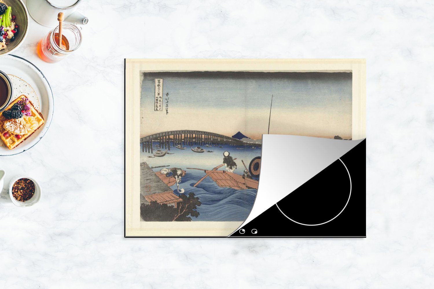 MuchoWow Herdblende-/Abdeckplatte Beobachtung des des, 70x52 Ceranfeldabdeckung Vinyl, der Sonnenuntergangs vom Ryogoku-Brücke cm, über Arbeitsfläche tlg), Mobile Ufer (1 nutzbar