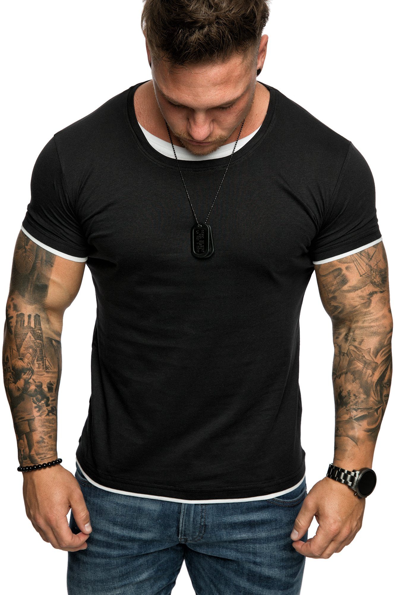 Amaci&Sons T-Shirt LAKEWOOD Herren Slim-Fit Basic Shirt Doppel Farbig mit Rundhalsausschnitt