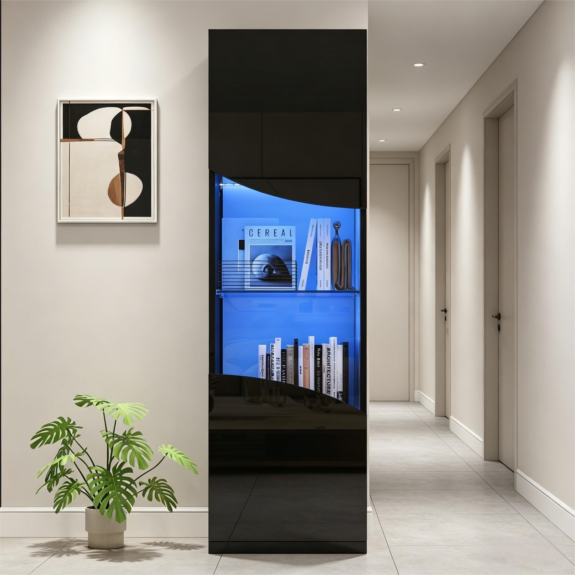 BlingBin Vitrine 35*50*165cm Vitrinenschrank mit LED-Beleuchtung,Hochglanz Hochschrank (1er Set, 1-St., Belastbarkeit: 40kg, Wellenoberflächengestaltung) Aufbewahrungsschrank mit Schranktüren für Wohnzimmer, Schwarz