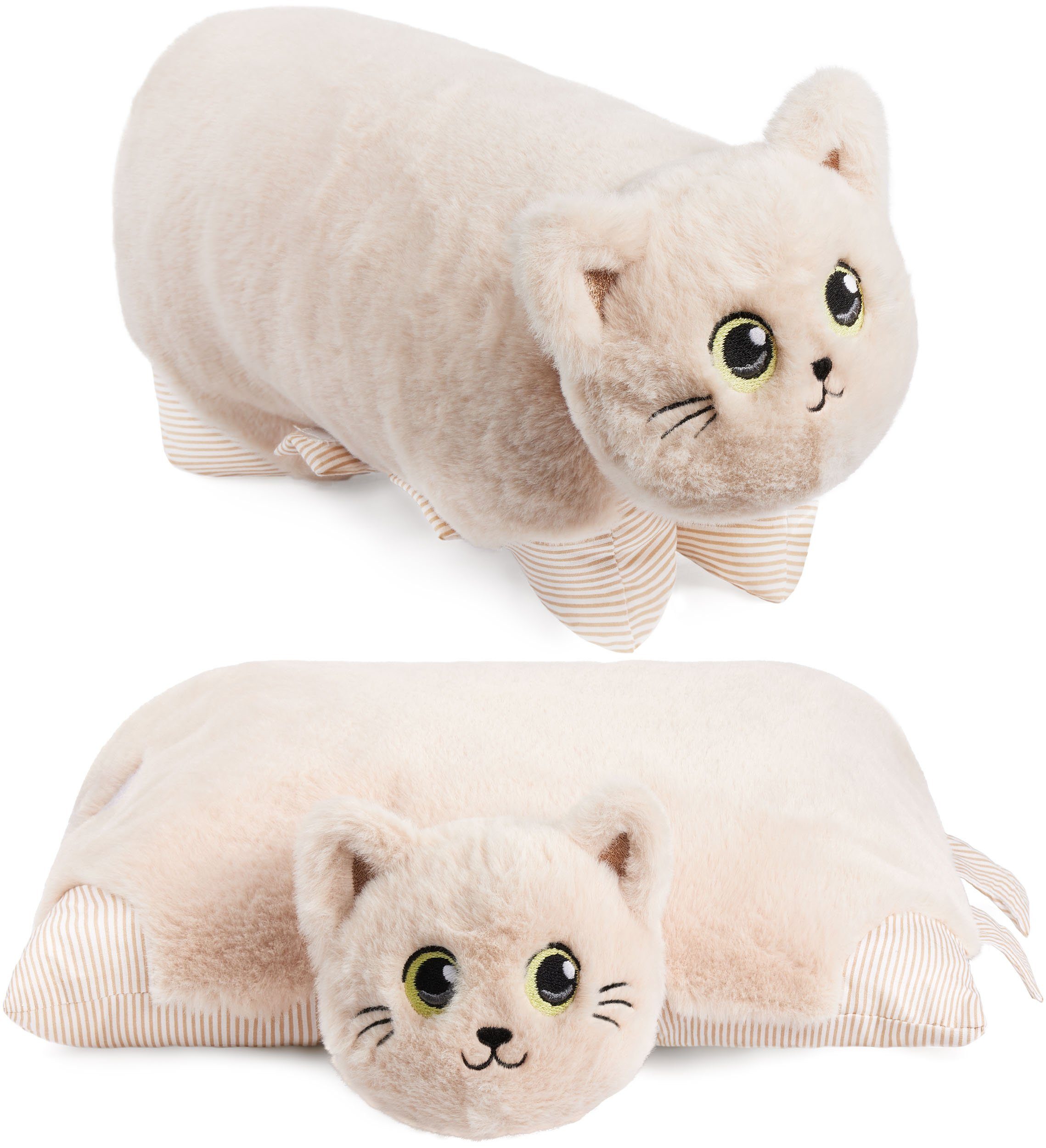 BRUBAKER Kuscheltier Katze - 2 in 1 Plüschtier und Kuschelkissen - 40 x 30 cm Kuschelkatze (Stofftier, 1-St., Tierkissen Katzenkissen), aufklappbares Kinder Plüschkissen mit Klettverschluss Beige