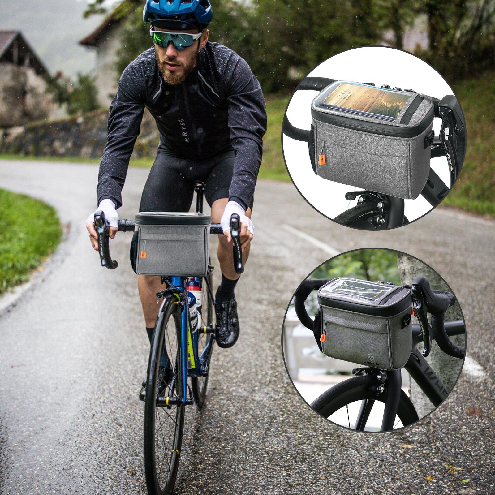 transparenter Handy-Lenkertasche mit Fahrrad lenkeradapter, CALIYO vorne Grau mit und fahrradkorb Touchscreen 4.2L Lenkertasche abnehmbarem Schultergurt Tasche,