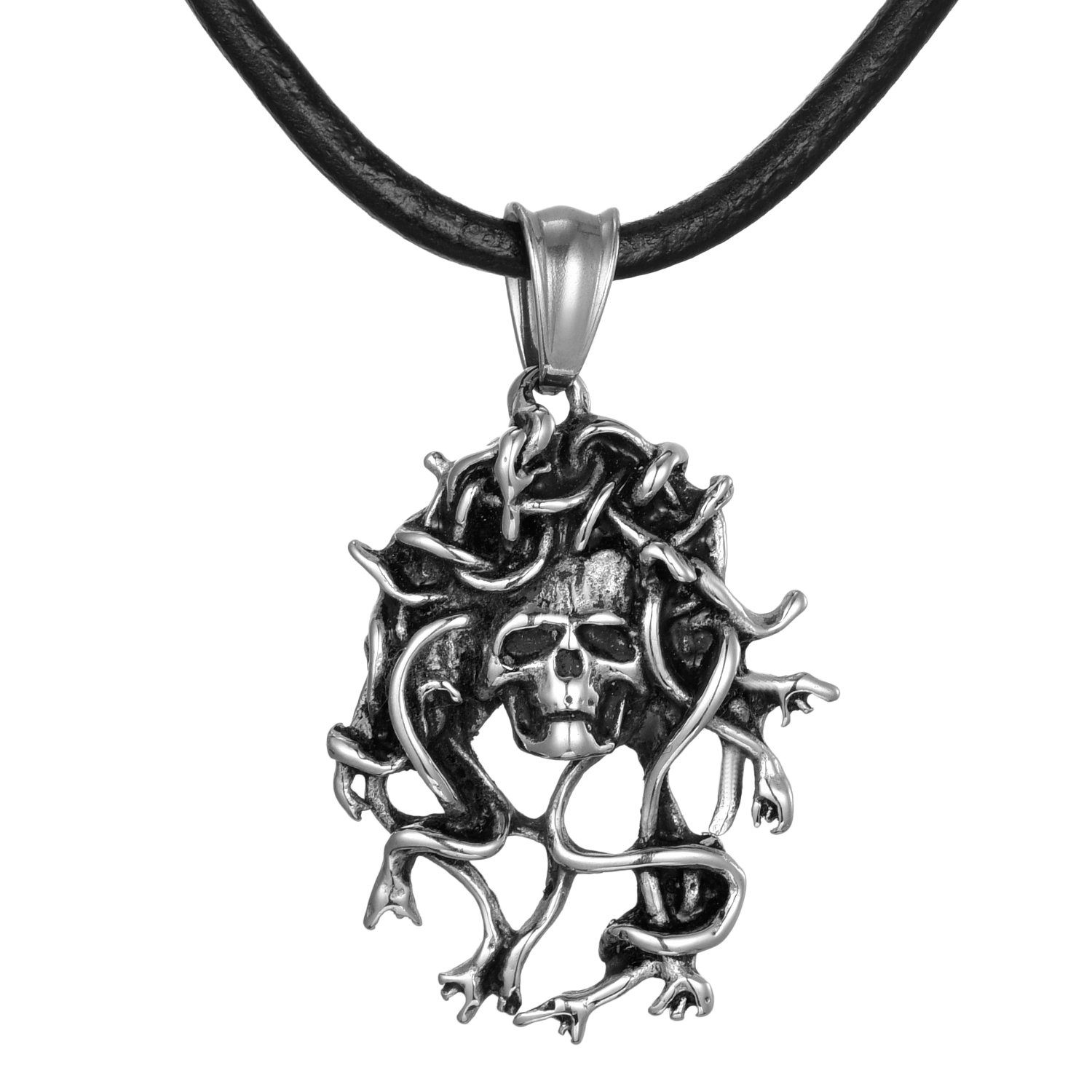 DonDon Kette mit Anhänger Lederkette Halskette 50 cm (1-tlg), Herren-Halskette mit Lederband, maskuline Anhänger, im Samtbeutel Schlangen-Totenkopf