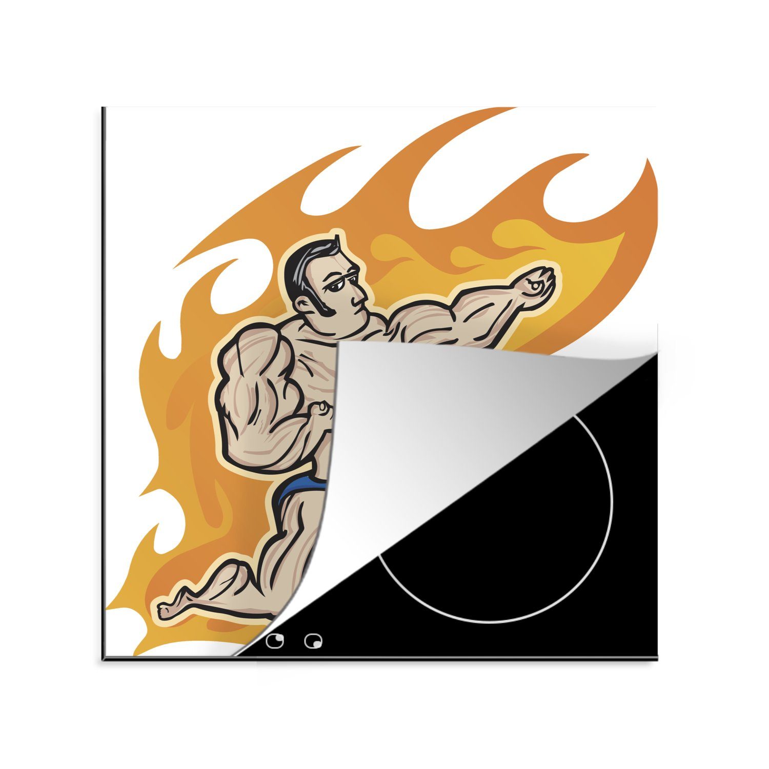 MuchoWow Herdblende-/Abdeckplatte Eine Illustration eines Bodybuilders in einer Flamme, Vinyl, (1 tlg), 78x78 cm, Ceranfeldabdeckung, Arbeitsplatte für küche